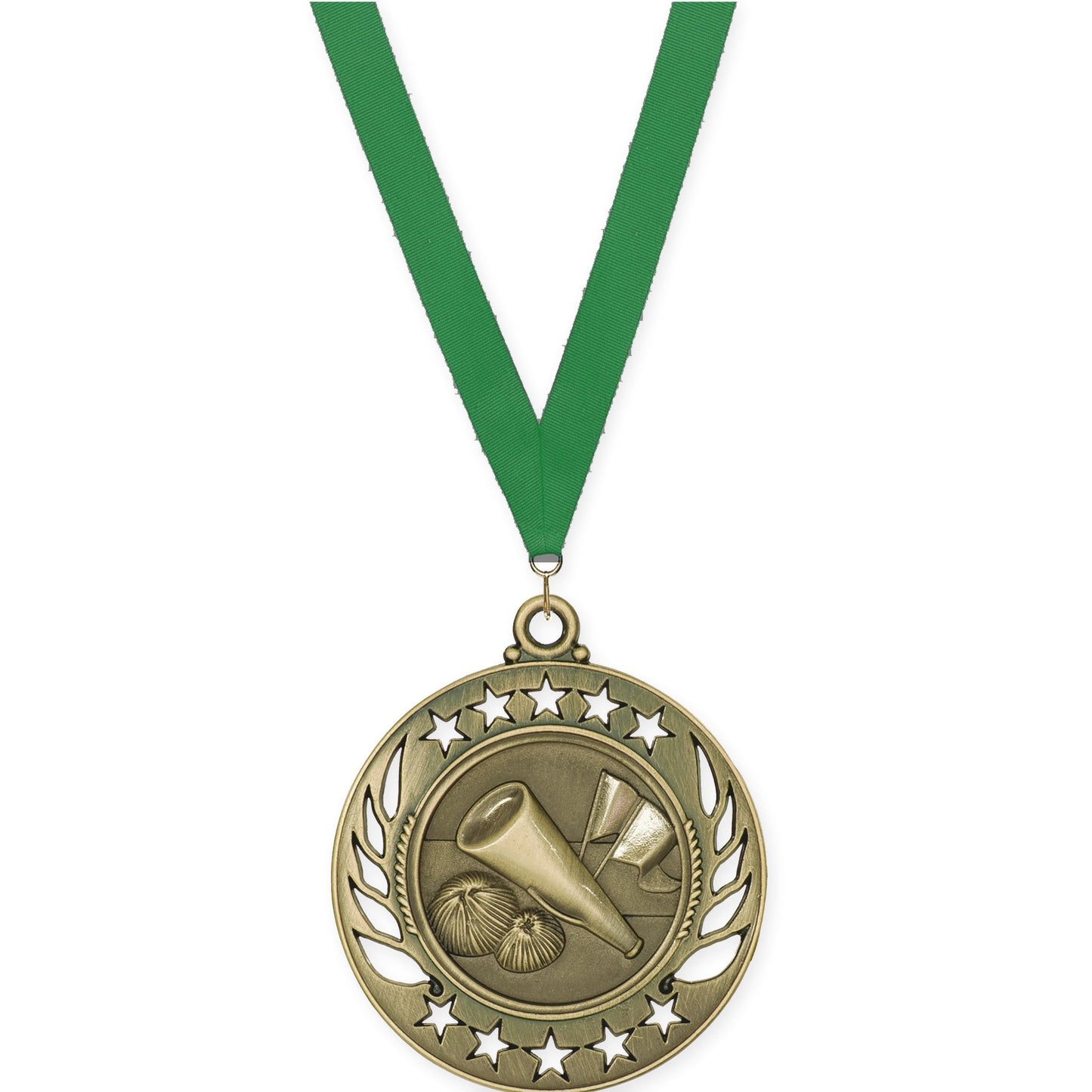 2 1/4 inch cheerleading Galaxy medal in antique gold with Green neck ribbon