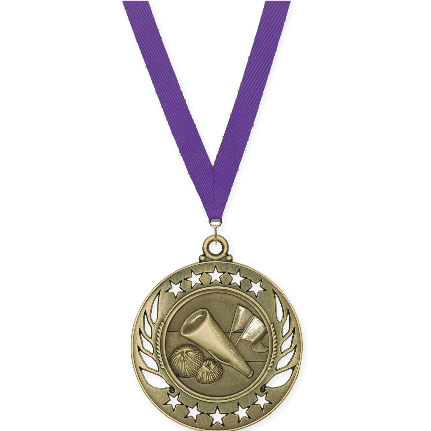 2 1/4 inch cheerleading Galaxy medal in antique gold with Purple neck ribbon