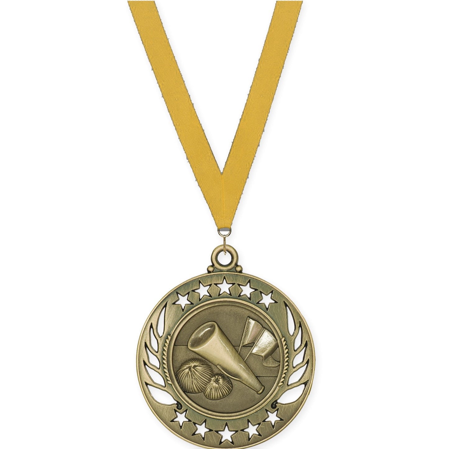 2 1/4 inch cheerleading Galaxy medal in antique gold with Gold neck ribbon