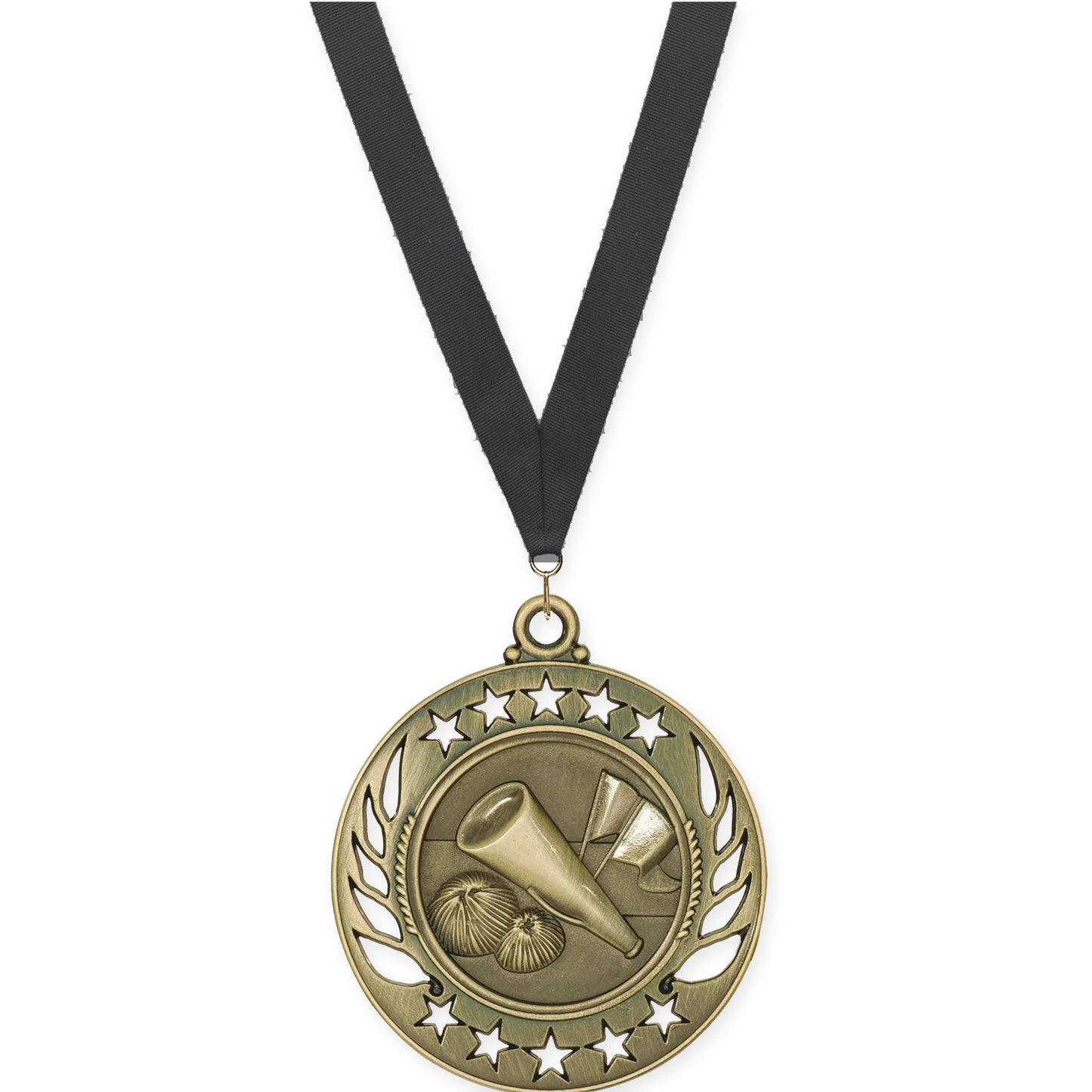 2 1/4 inch cheerleading Galaxy medal in antique gold with Black neck ribbon