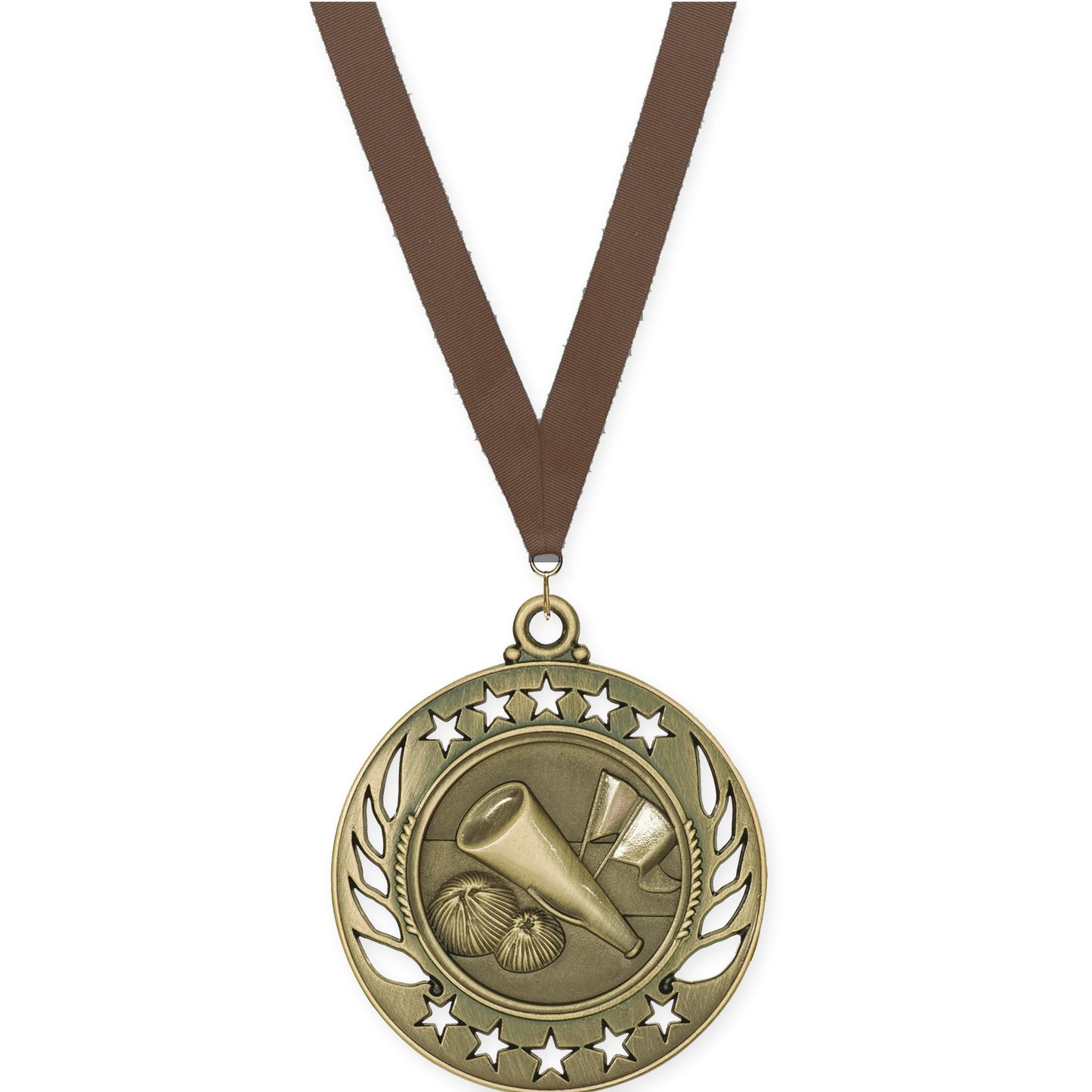 2 1/4 inch cheerleading Galaxy medal in antique gold with Brown neck ribbon