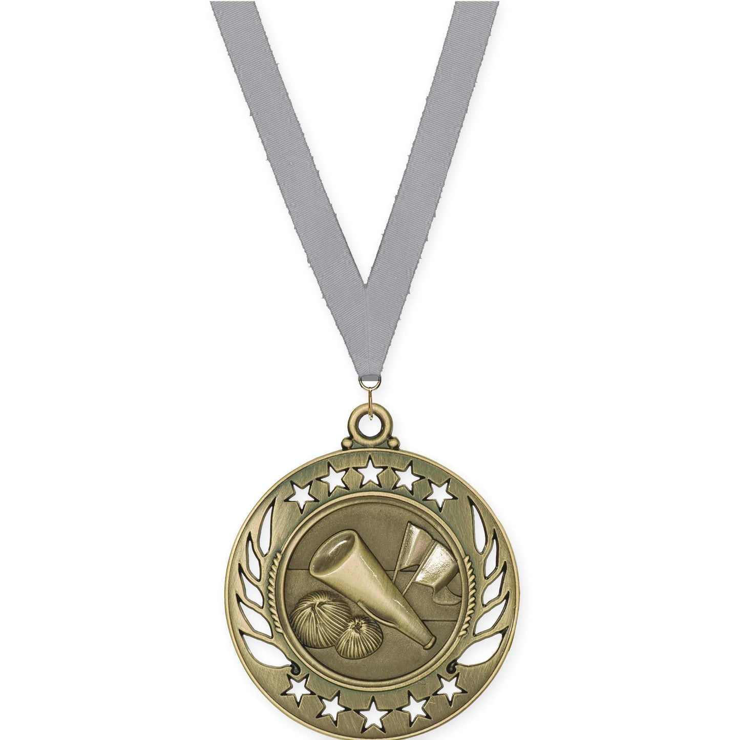2 1/4 inch cheerleading Galaxy medal in antique gold with Gray neck ribbon
