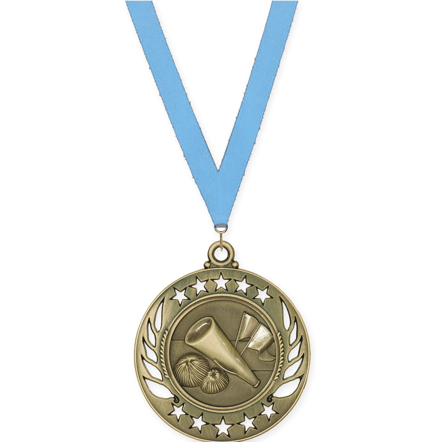 2 1/4 inch cheerleading Galaxy medal in antique gold with Light Blue neck ribbon