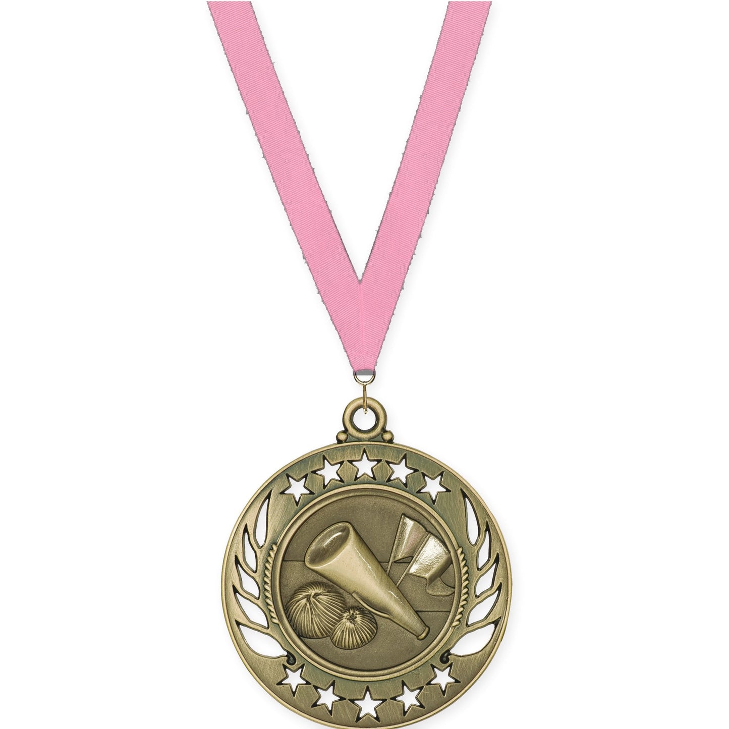 2 1/4 inch cheerleading Galaxy medal in antique gold with Pink neck ribbon