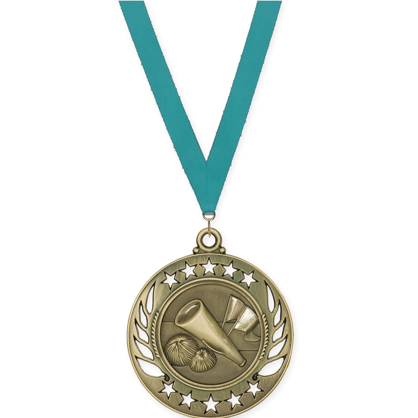 2 1/4 inch cheerleading Galaxy medal in antique gold with Teal neck ribbon