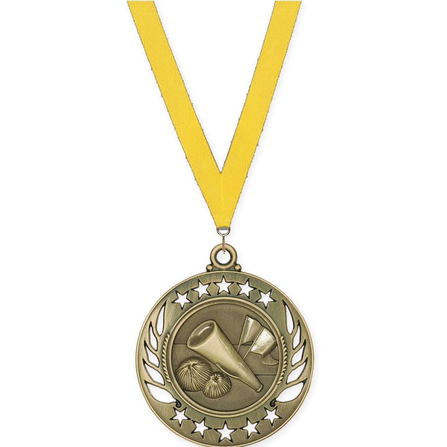 2 1/4 inch cheerleading Galaxy medal in antique gold with Yellow neck ribbon