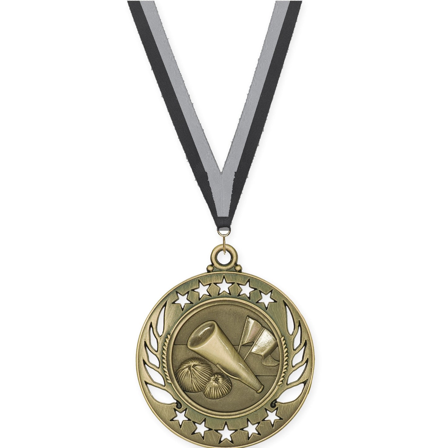 2 1/4 inch cheerleading Galaxy medal in antique gold with Black Gray neck ribbon