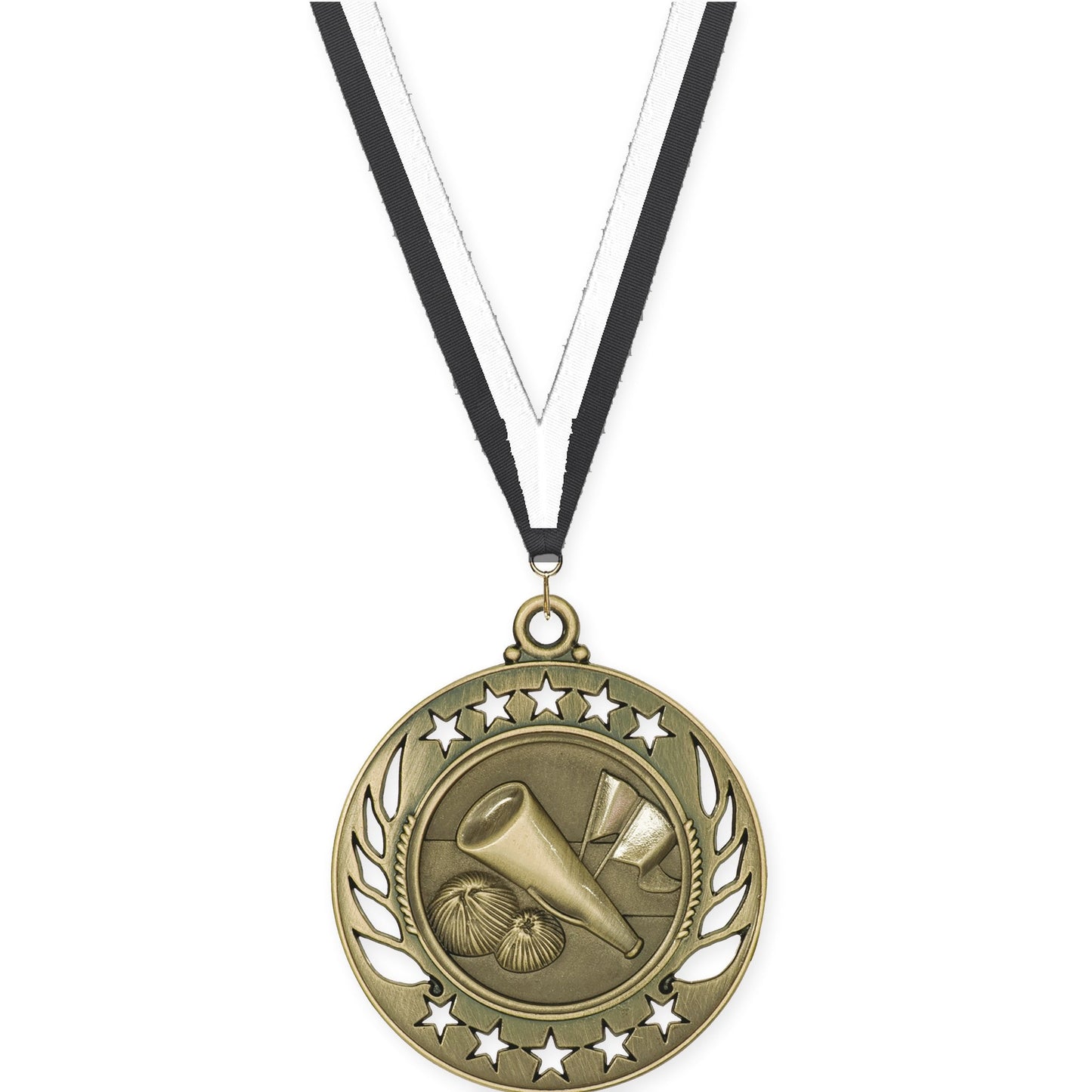 2 1/4 inch cheerleading Galaxy medal in antique gold with Black White neck ribbon
