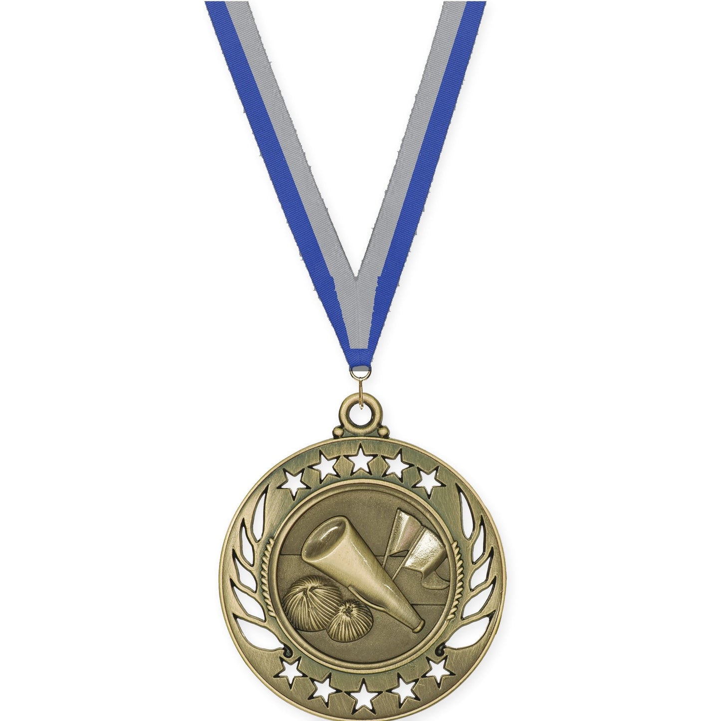 2 1/4 inch cheerleading Galaxy medal in antique gold with Blue Gray neck ribbon