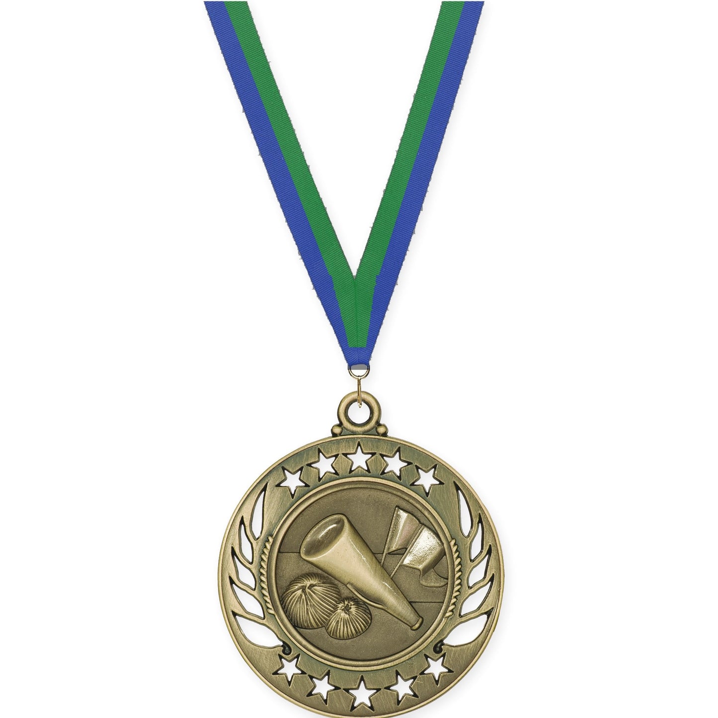 2 1/4 inch cheerleading Galaxy medal in antique gold with Blue Green neck ribbon