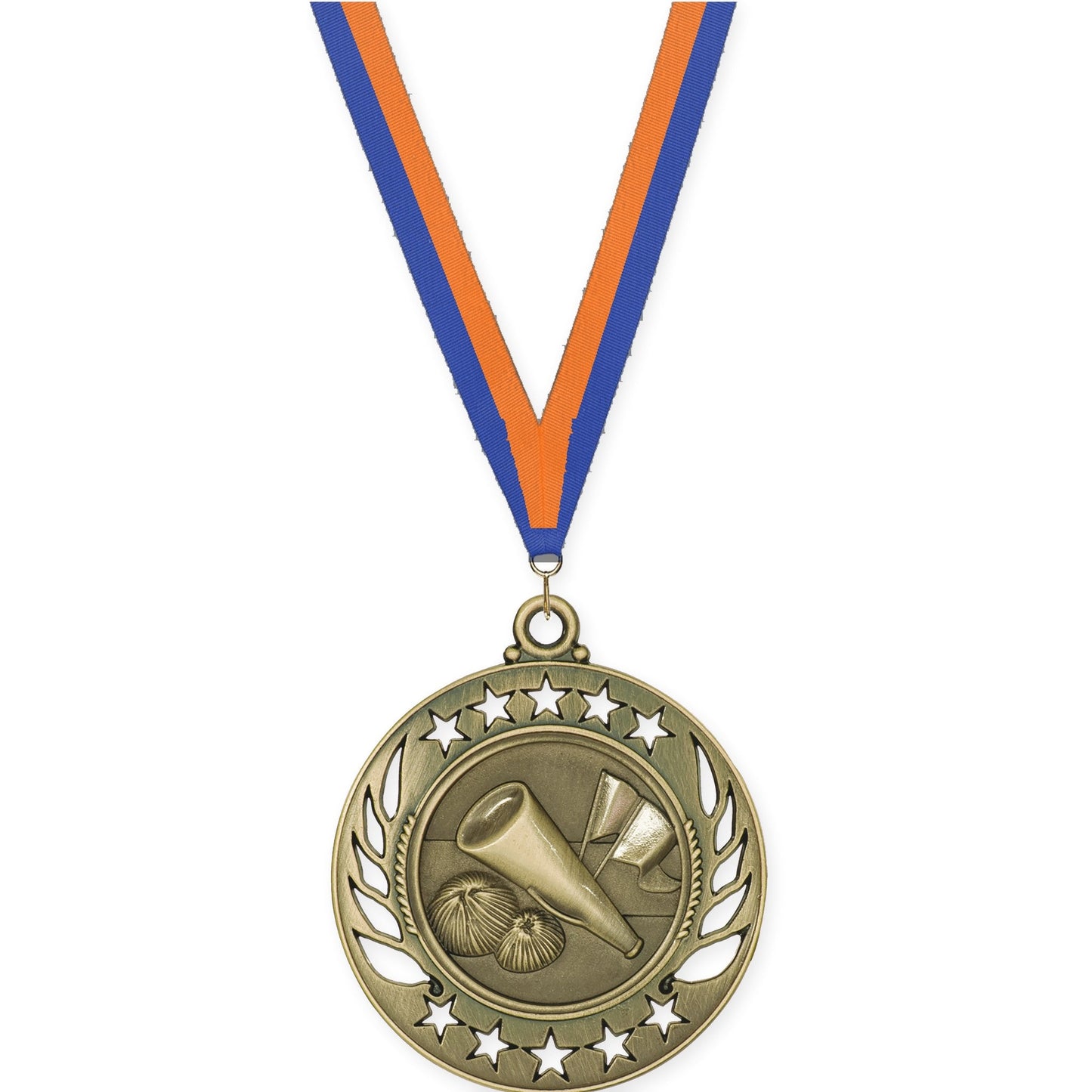 2 1/4 inch cheerleading Galaxy medal in antique gold with Blue Orange neck ribbon