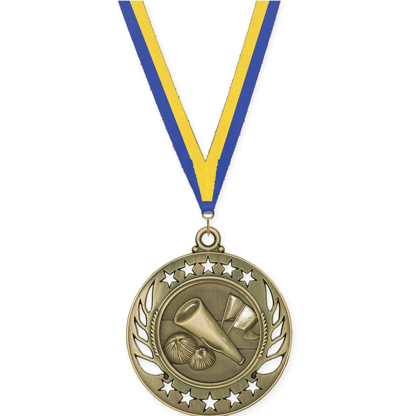 2 1/4 inch cheerleading Galaxy medal in antique gold with Blue Yellow neck ribbon