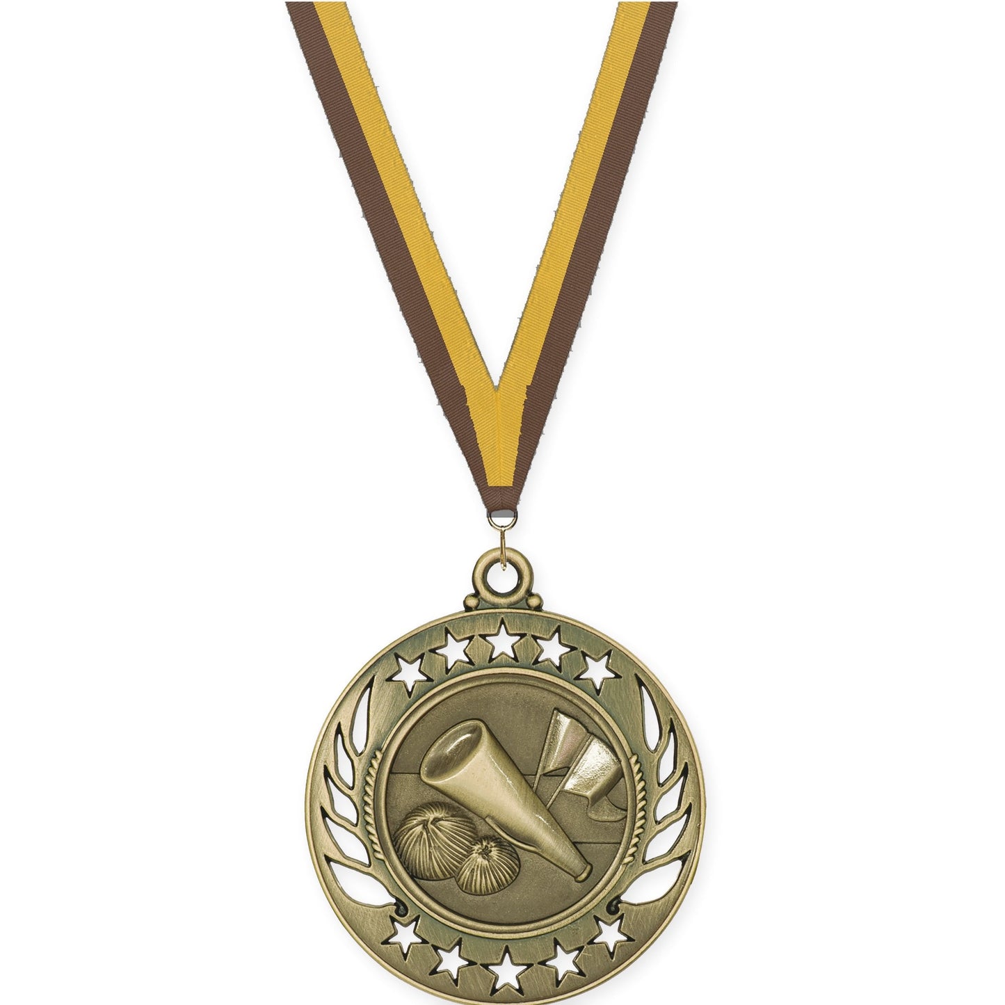 2 1/4 inch cheerleading Galaxy medal in antique gold with Brown Gold neck ribbon