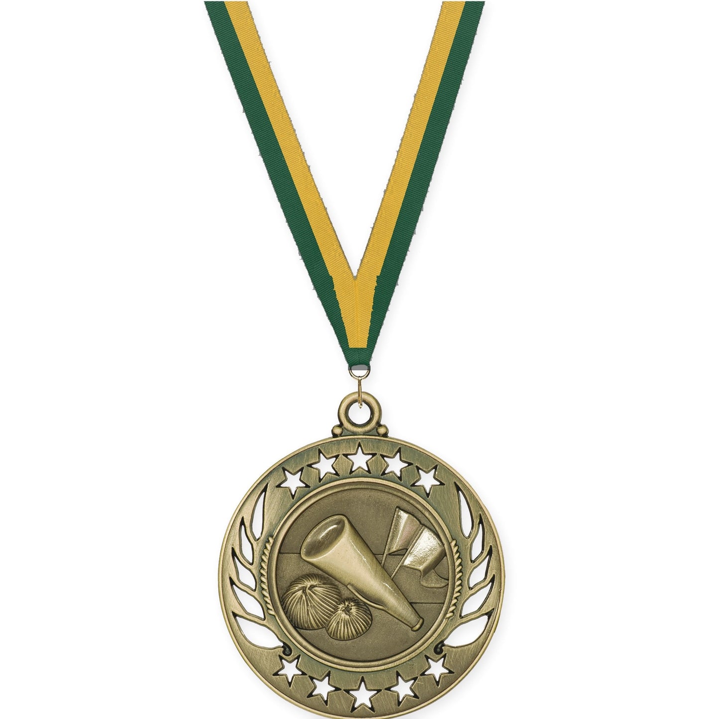 2 1/4 inch cheerleading Galaxy medal in antique gold with Hunter Green Gold neck ribbon