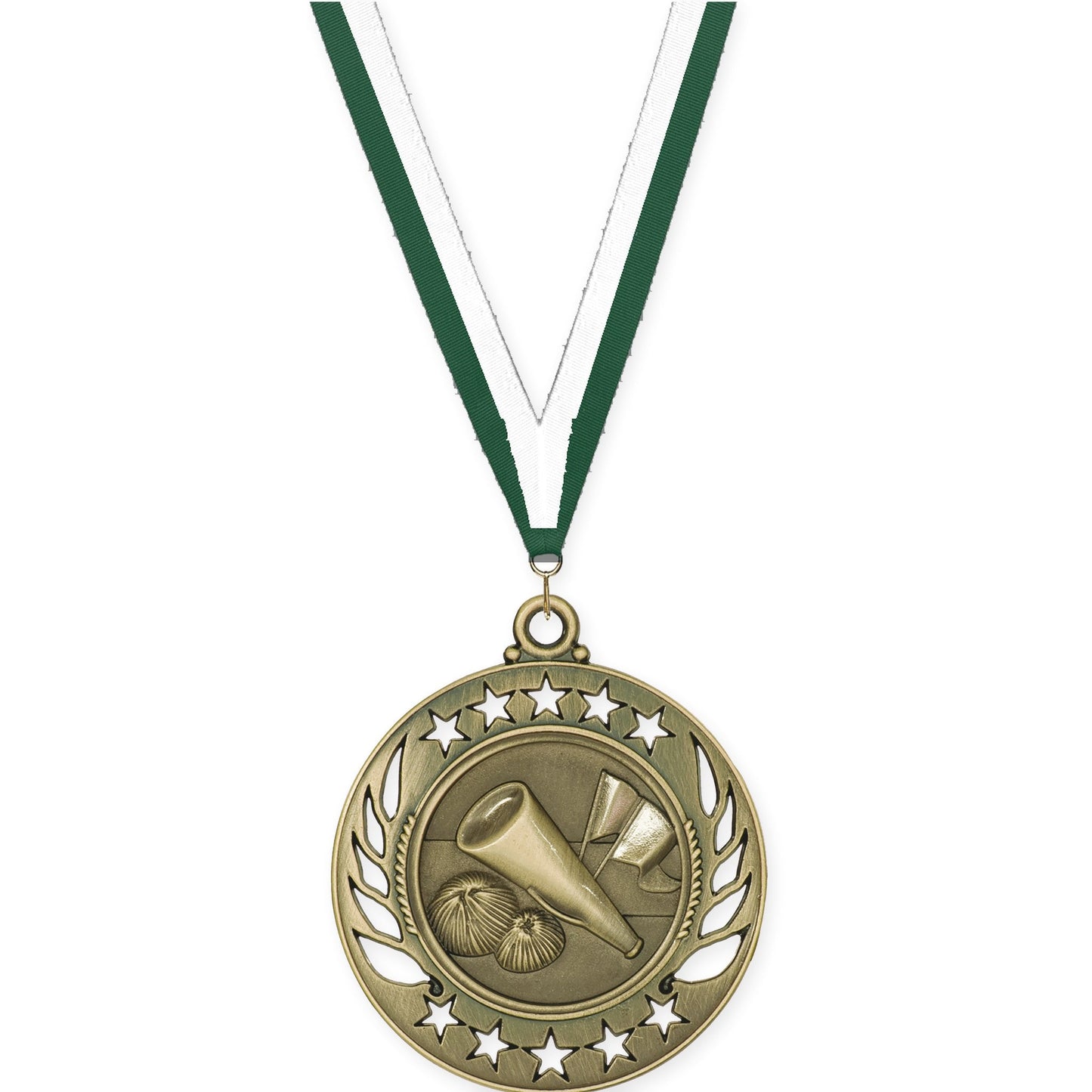 2 1/4 inch cheerleading Galaxy medal in antique gold with Hunter Green White neck ribbon
