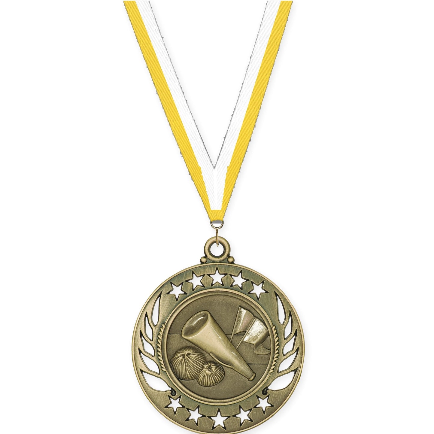 2 1/4 inch cheerleading Galaxy medal in antique gold with Yellow White neck ribbon