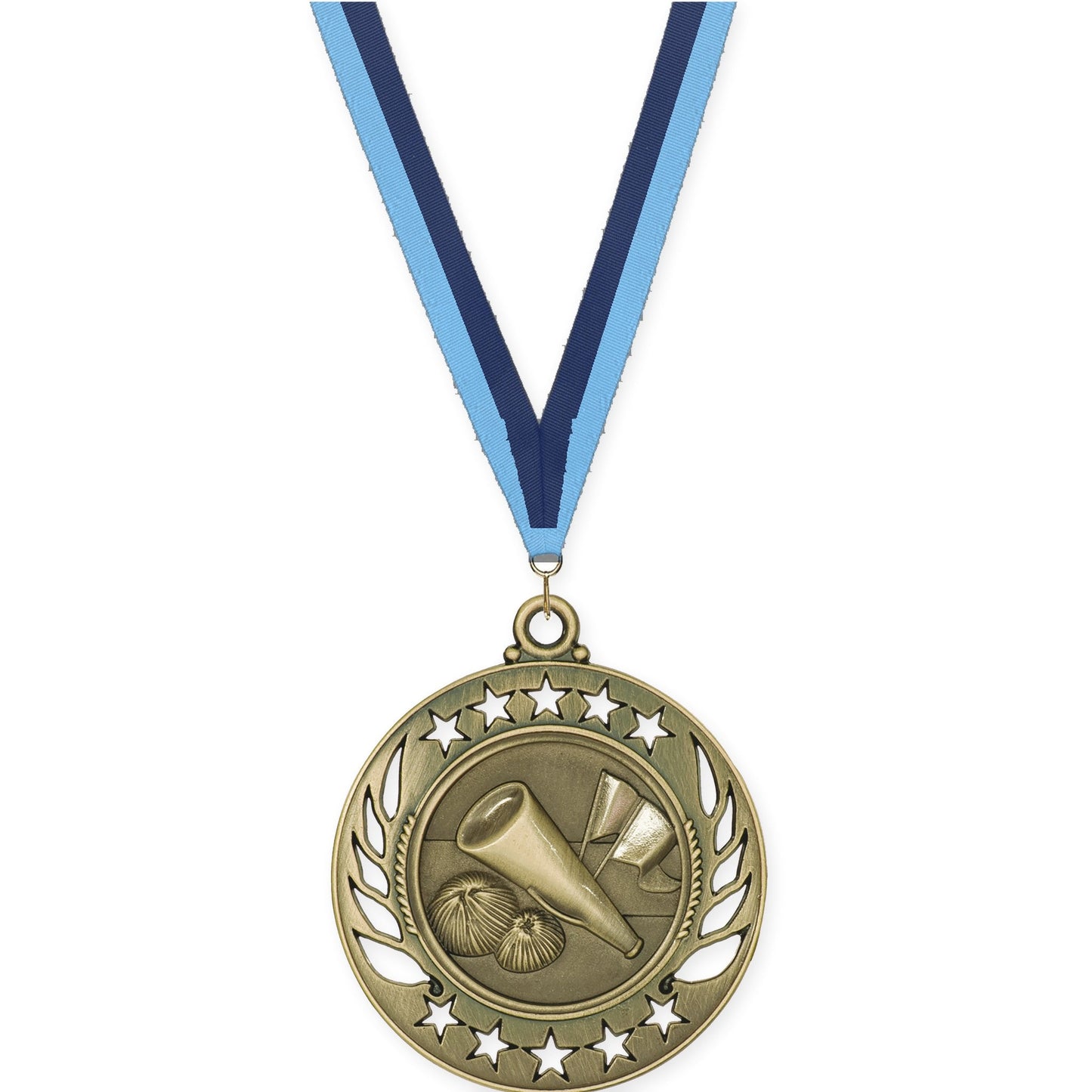 2 1/4 inch cheerleading Galaxy medal in antique gold with Light Blue Navy neck ribbon