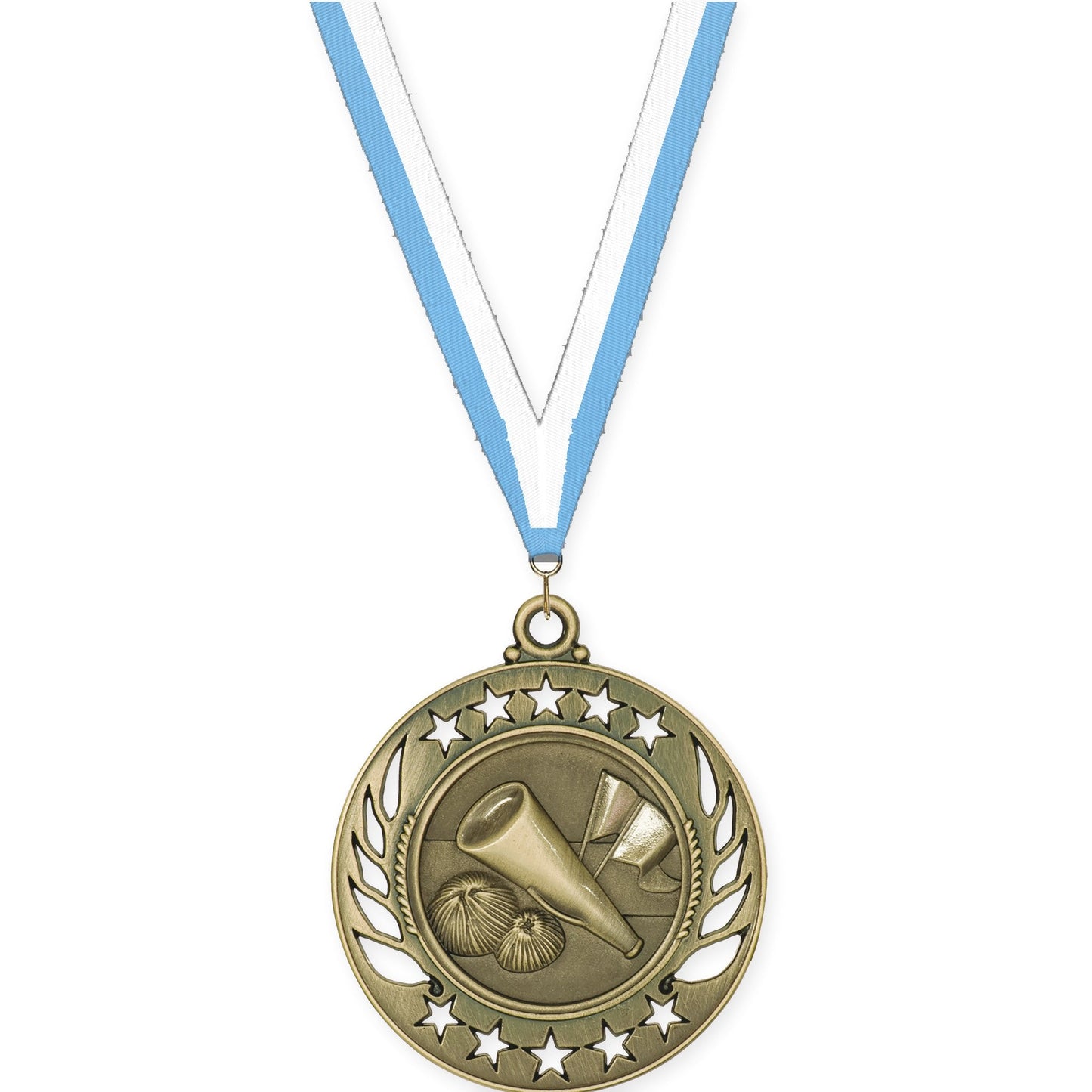 2 1/4 inch cheerleading Galaxy medal in antique gold with Light Blue White neck ribbon