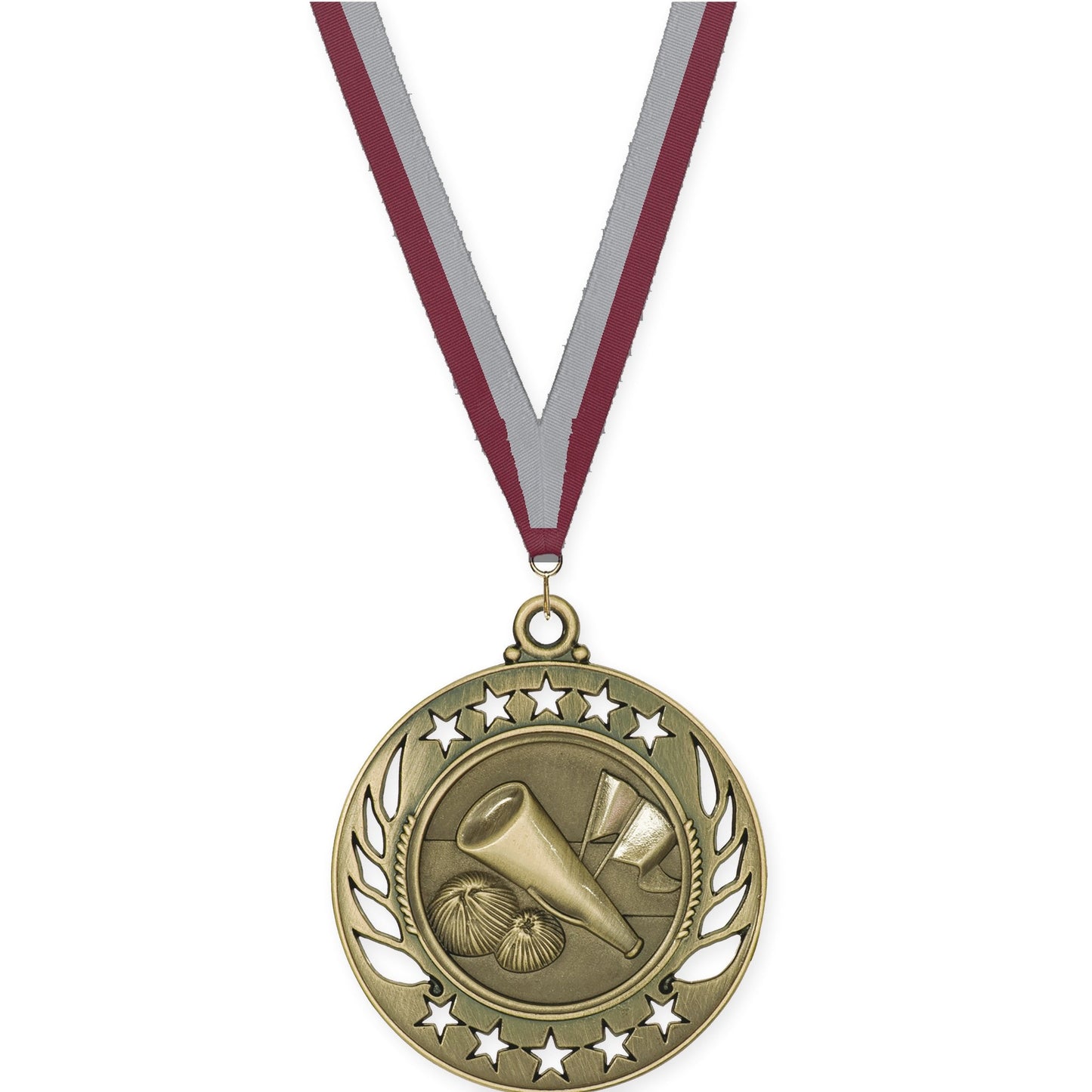 2 1/4 inch cheerleading Galaxy medal in antique gold with Maroon Gray neck ribbon