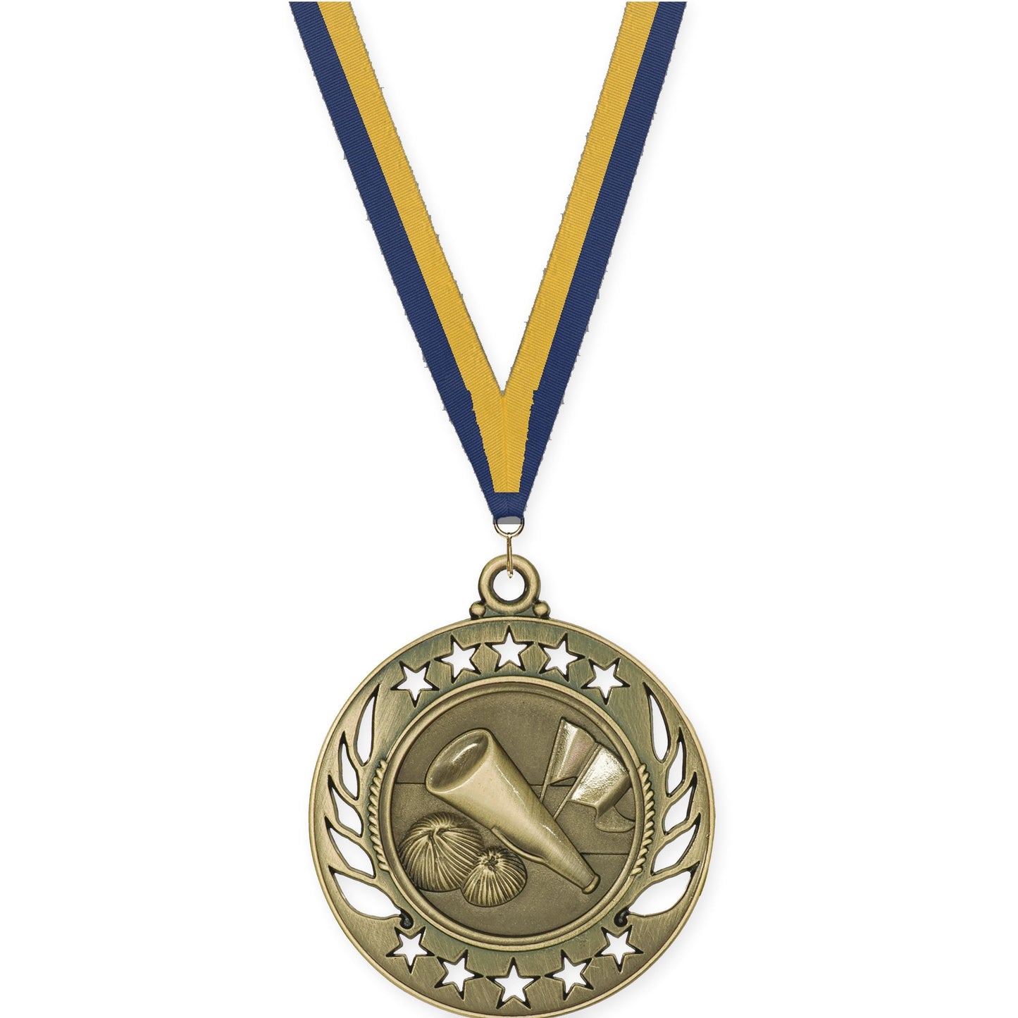 2 1/4 inch cheerleading Galaxy medal in antique gold with Navy Gold neck ribbon