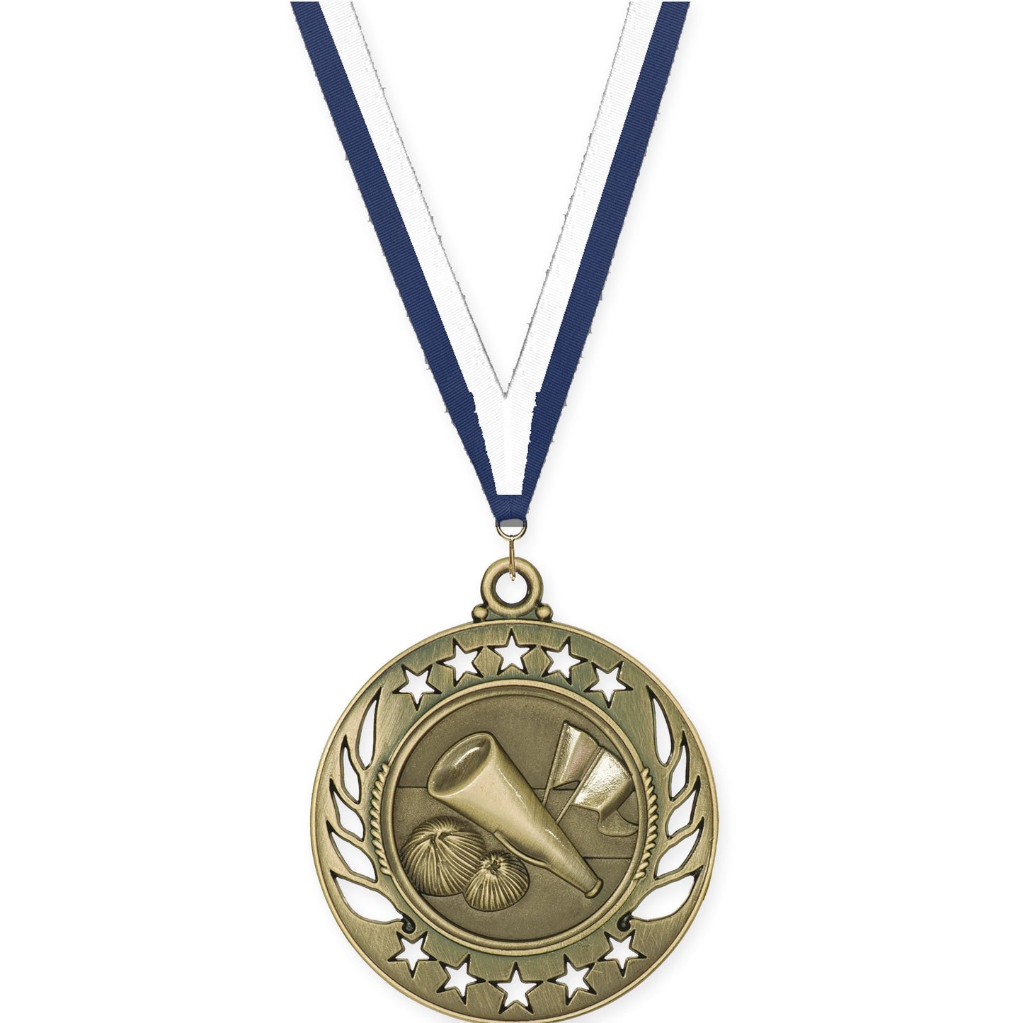 2 1/4 inch cheerleading Galaxy medal in antique gold with Navy White neck ribbon