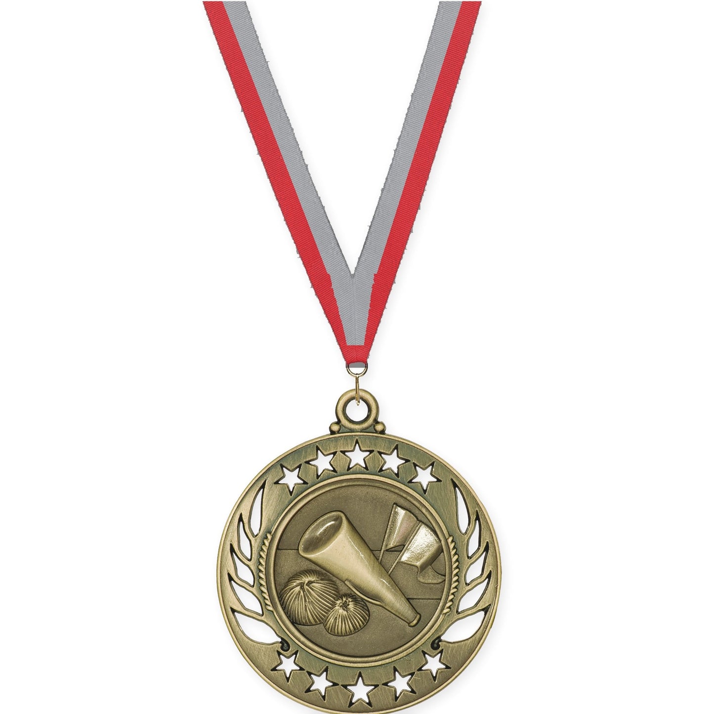 2 1/4 inch cheerleading Galaxy medal in antique gold with Red Gray neck ribbon