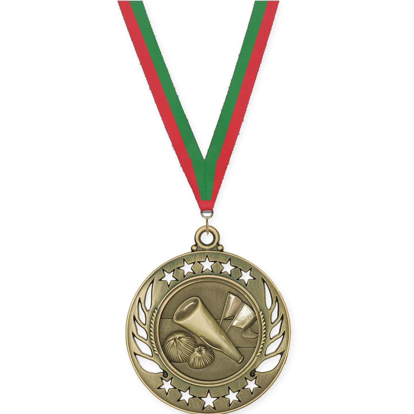 2 1/4 inch cheerleading Galaxy medal in antique gold with Red Green neck ribbon