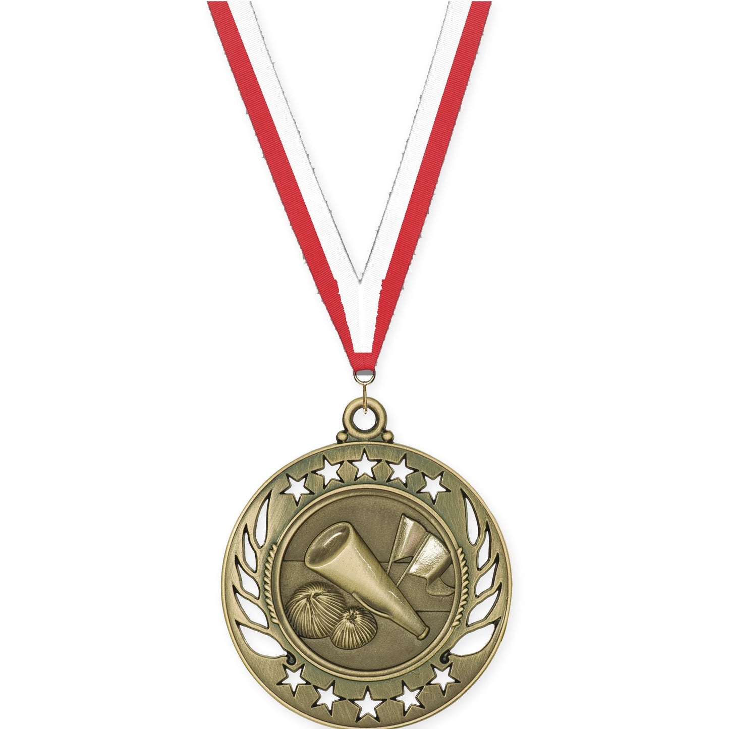 2 1/4 inch cheerleading Galaxy medal in antique gold with Red White neck ribbon