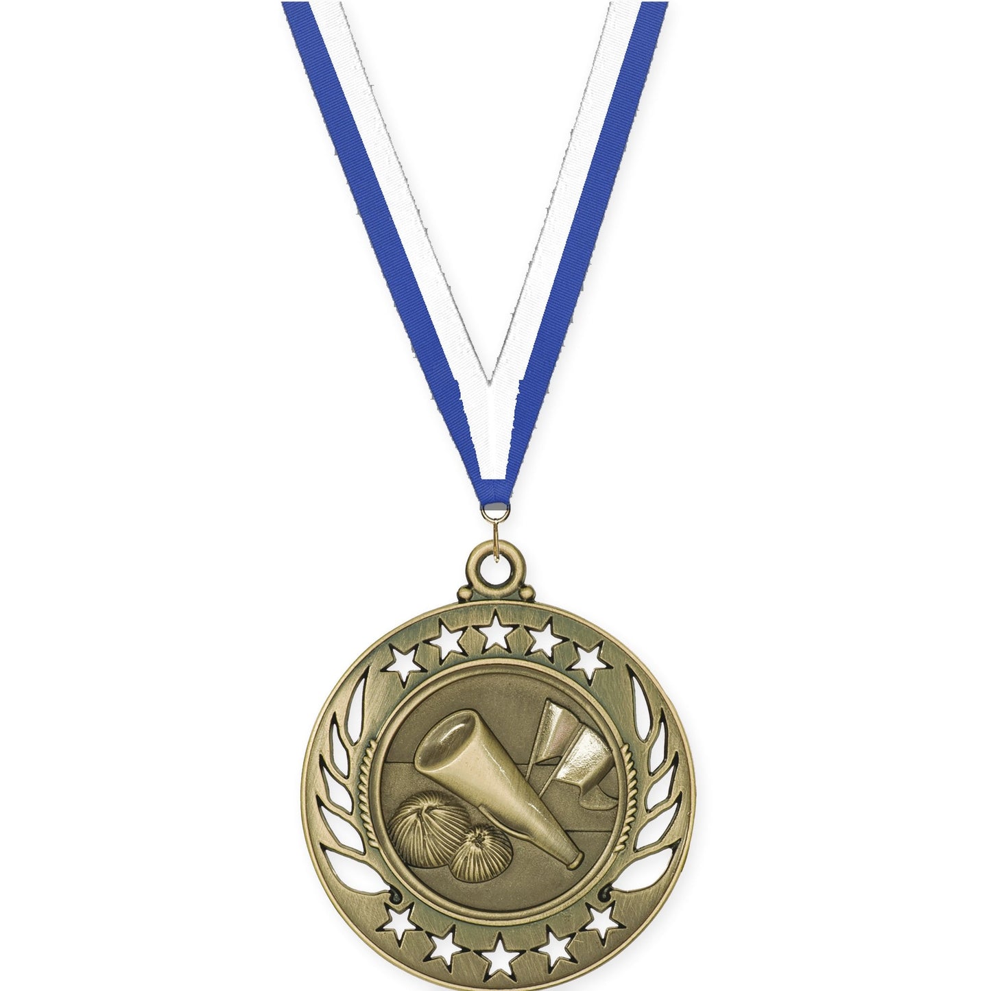 2 1/4 inch cheerleading Galaxy medal in antique gold with Blue White neck ribbon