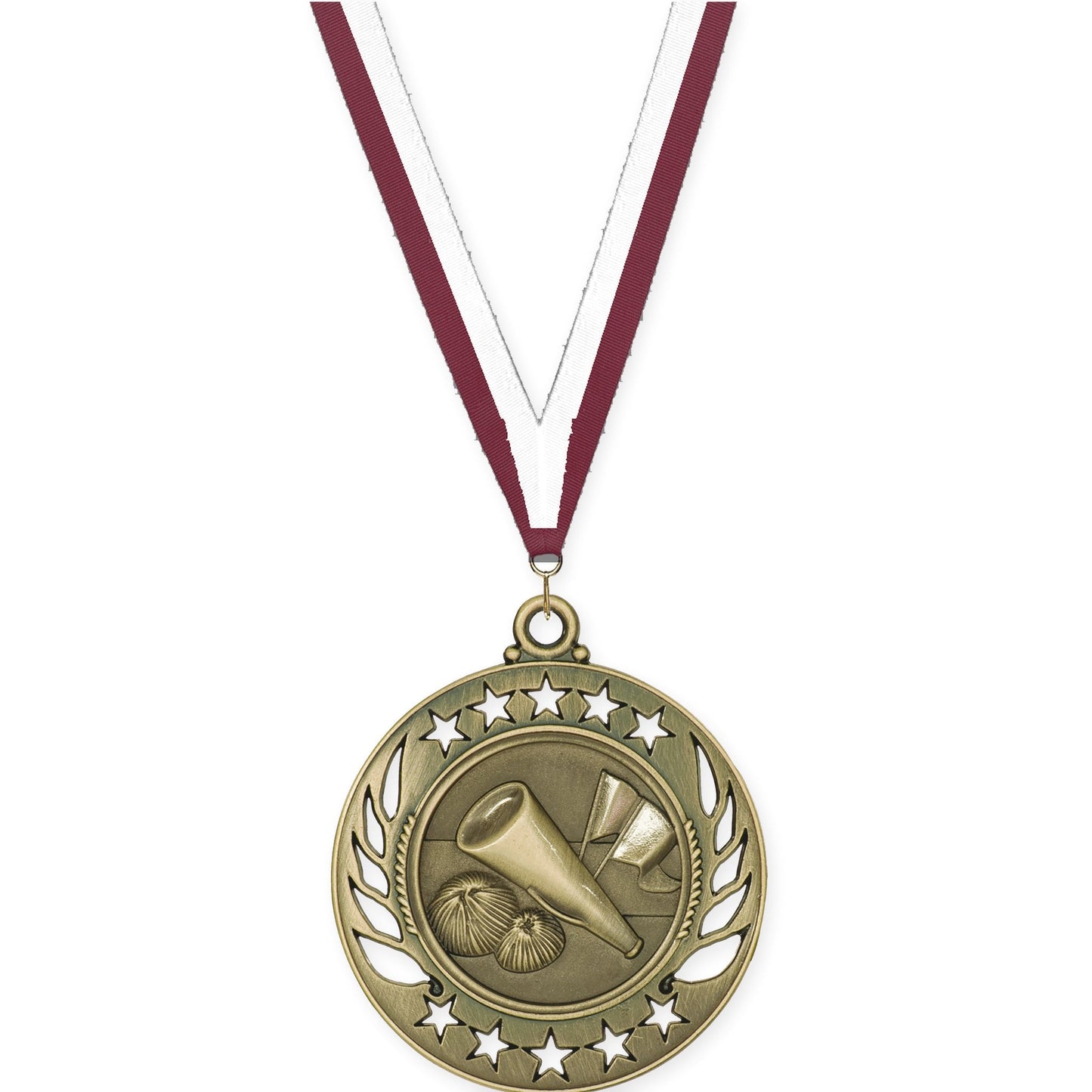 2 1/4 inch cheerleading Galaxy medal in antique gold with Maroon White neck ribbon