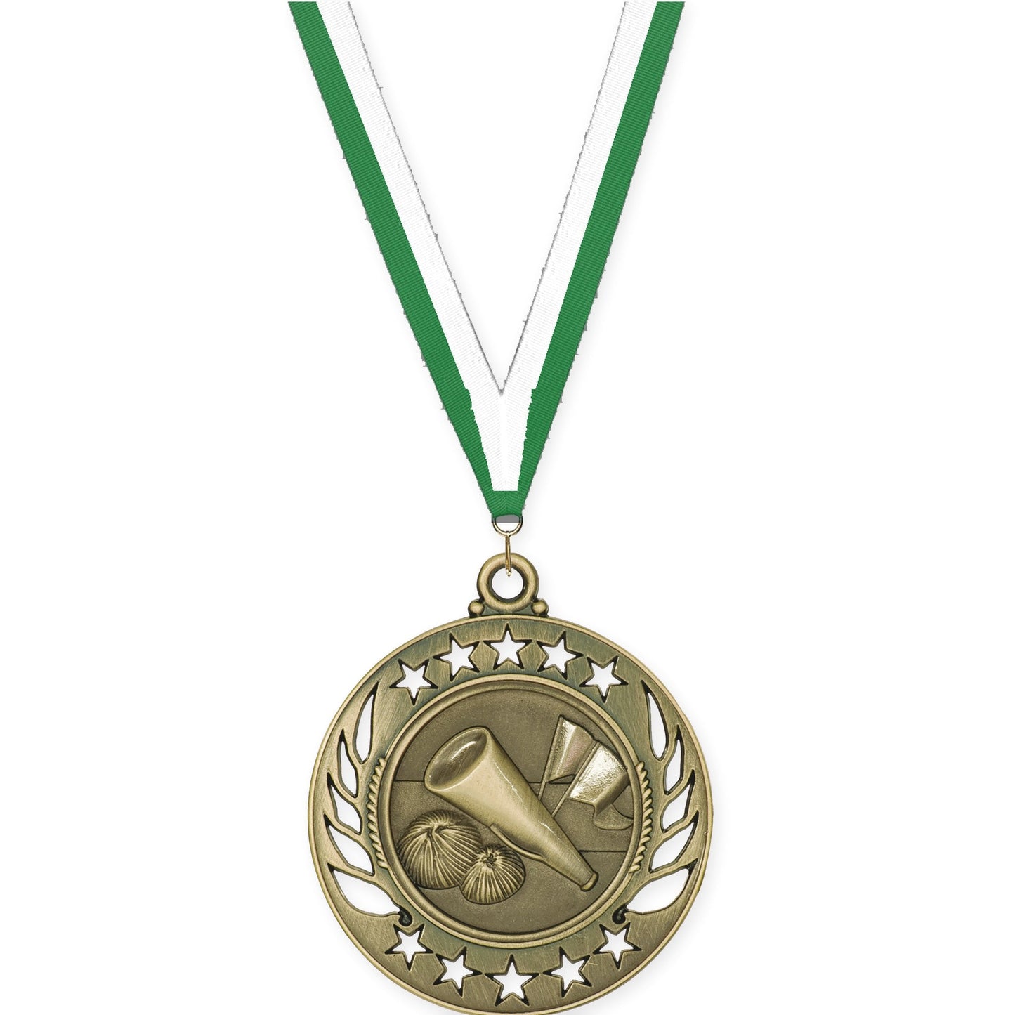 2 1/4 inch cheerleading Galaxy medal in antique gold with Green White neck ribbon