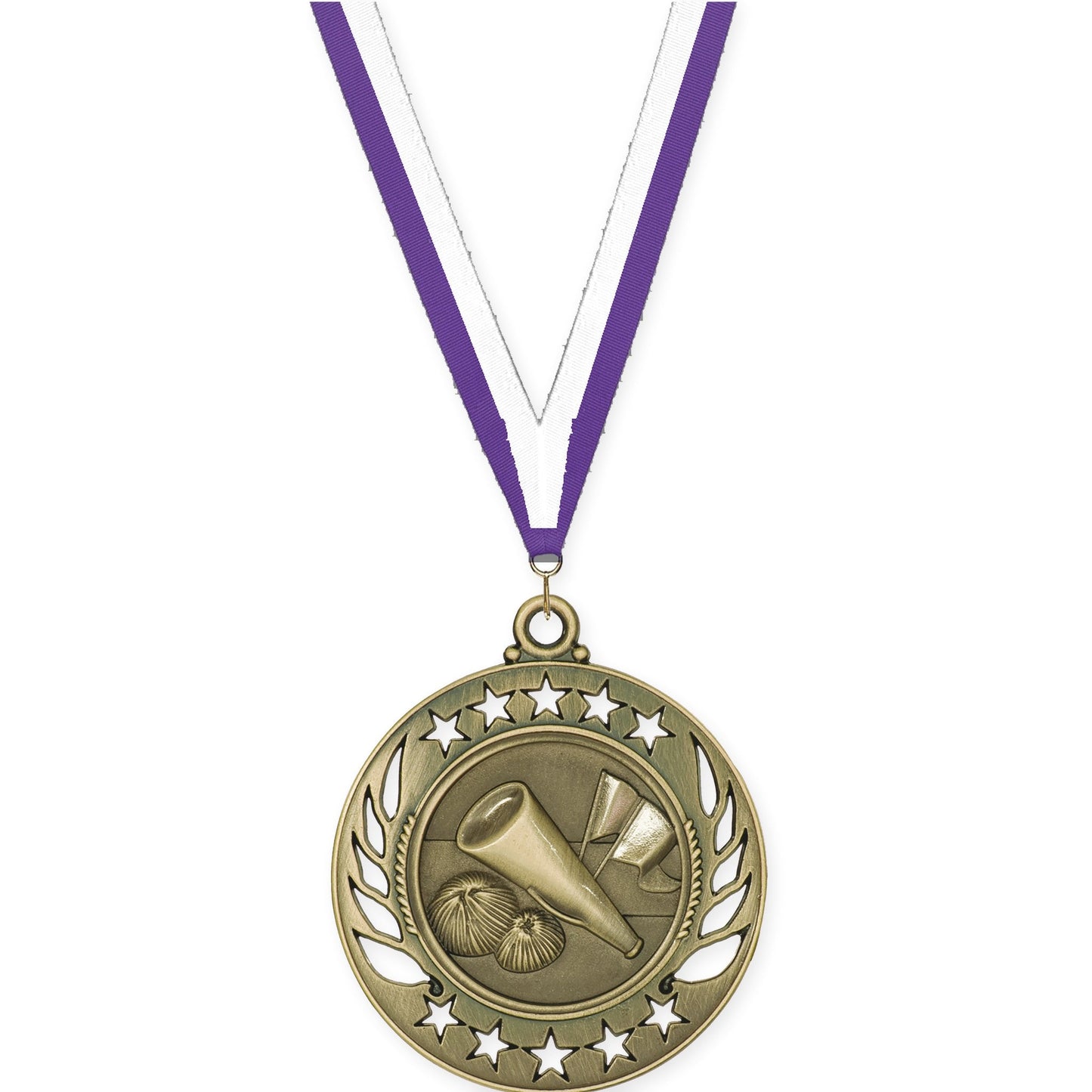 2 1/4 inch cheerleading Galaxy medal in antique gold with Purple White neck ribbon