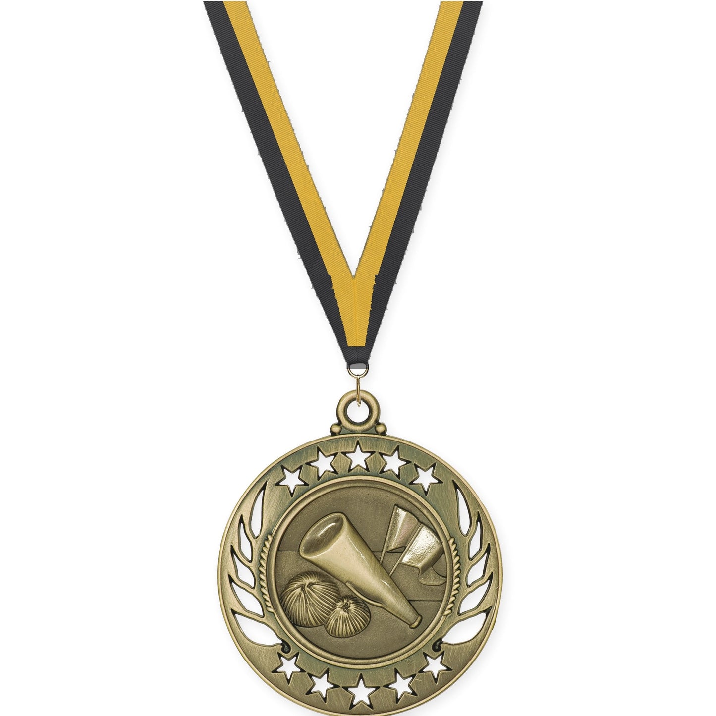 2 1/4 inch cheerleading Galaxy medal in antique gold with Black Gold neck ribbon