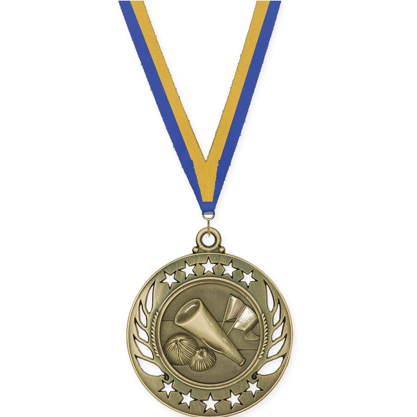 2 1/4 inch cheerleading Galaxy medal in antique gold with Blue Gold neck ribbon