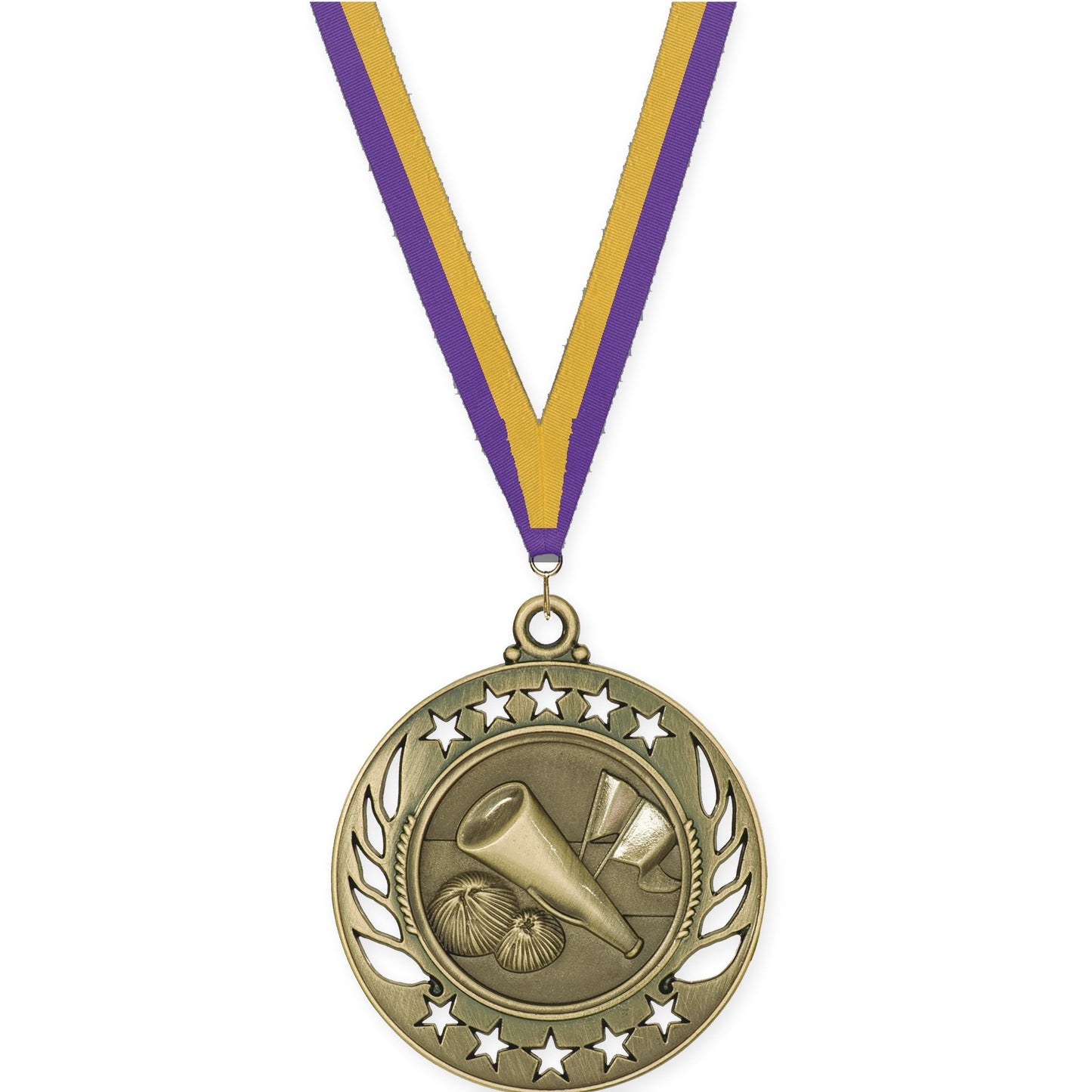 2 1/4 inch cheerleading Galaxy medal in antique gold with Purple Gold neck ribbon