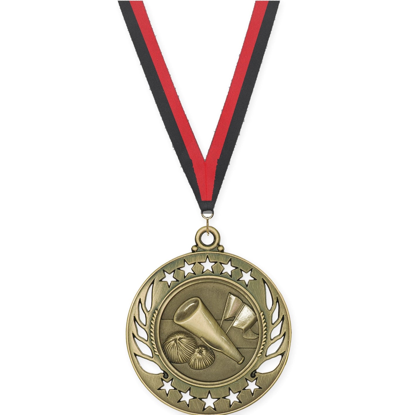 2 1/4 inch cheerleading Galaxy medal in antique gold with Black Red neck ribbon