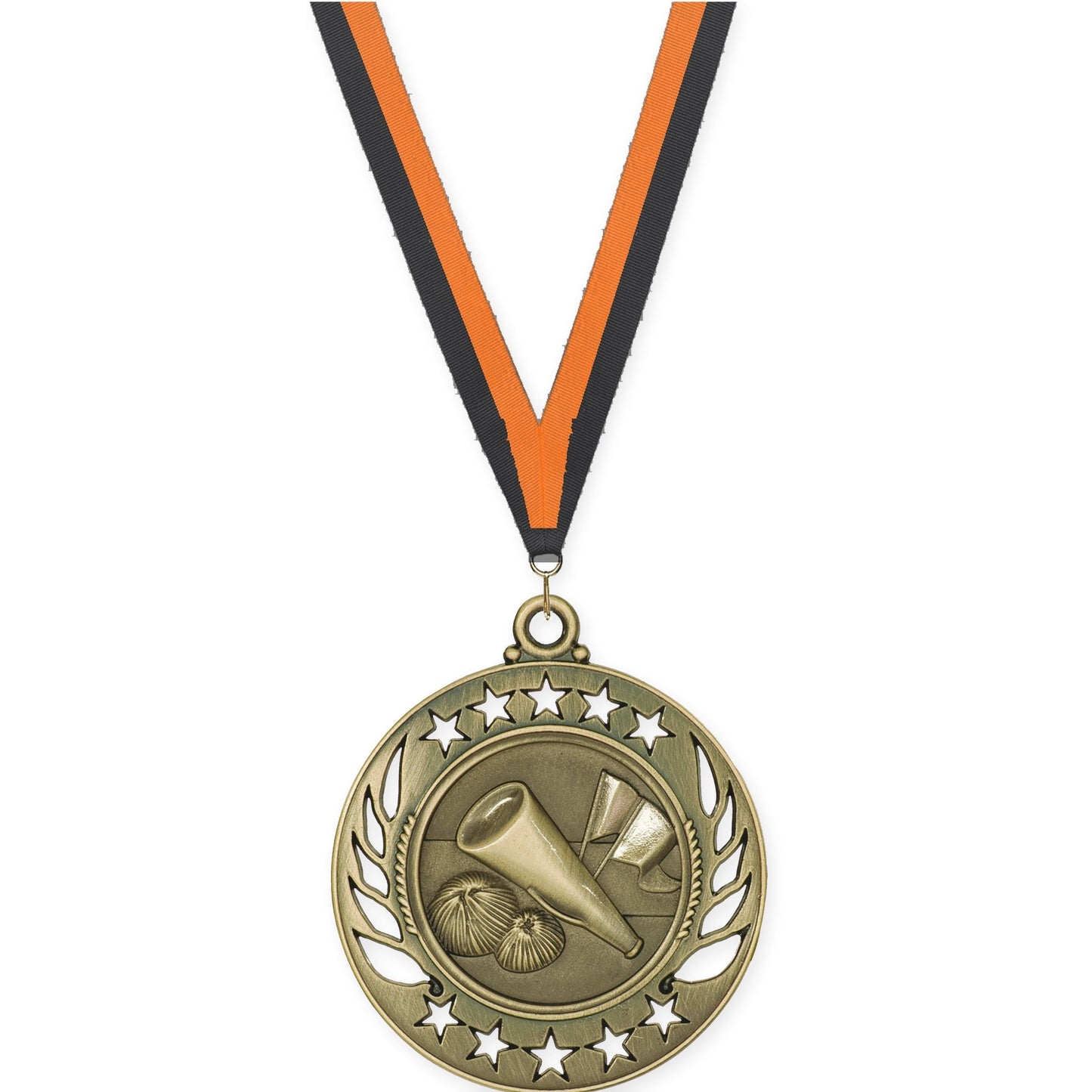 2 1/4 inch cheerleading Galaxy medal in antique gold with Black Orange neck ribbon
