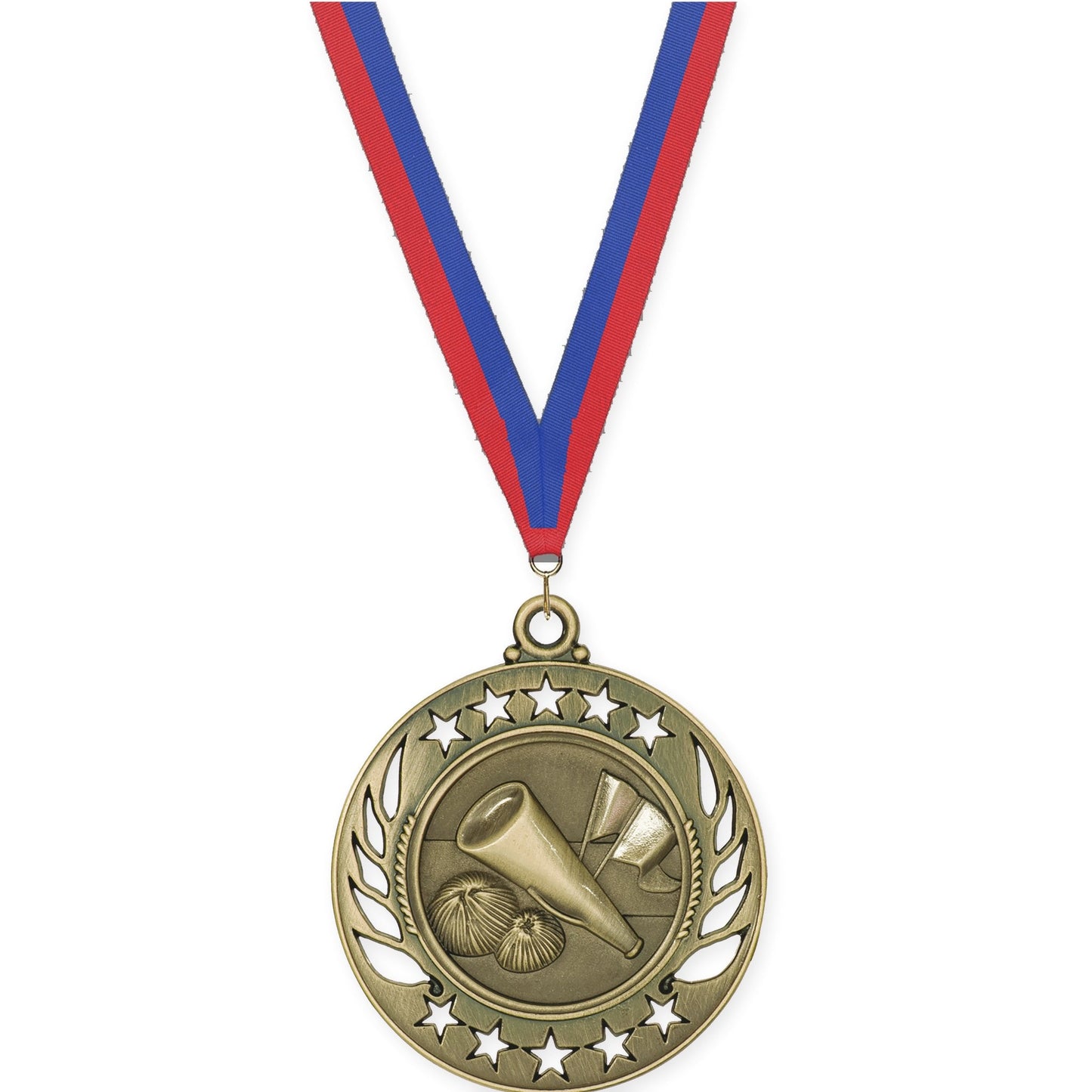2 1/4 inch cheerleading Galaxy medal in antique gold with Blue Red neck ribbon