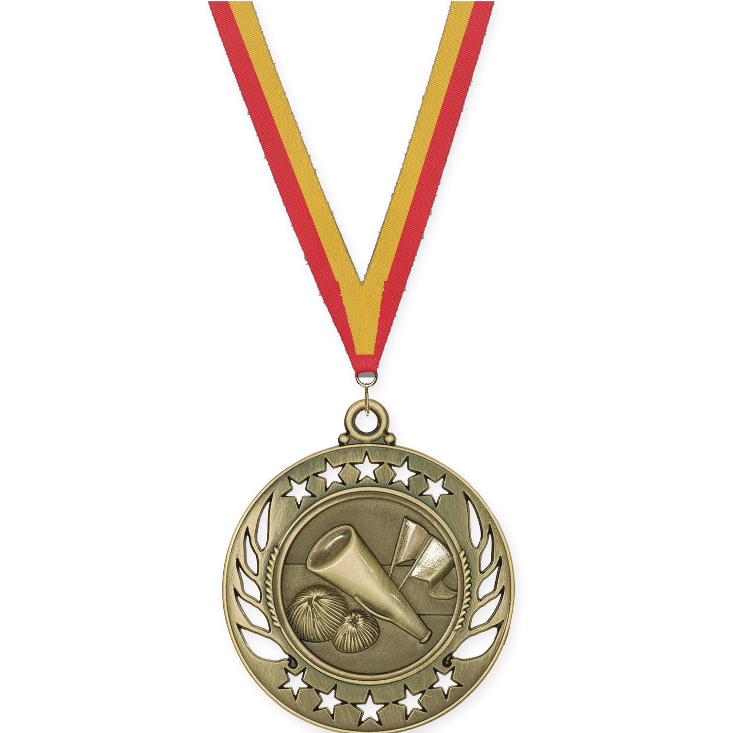 2 1/4 inch cheerleading Galaxy medal in antique gold with Red Gold neck ribbon