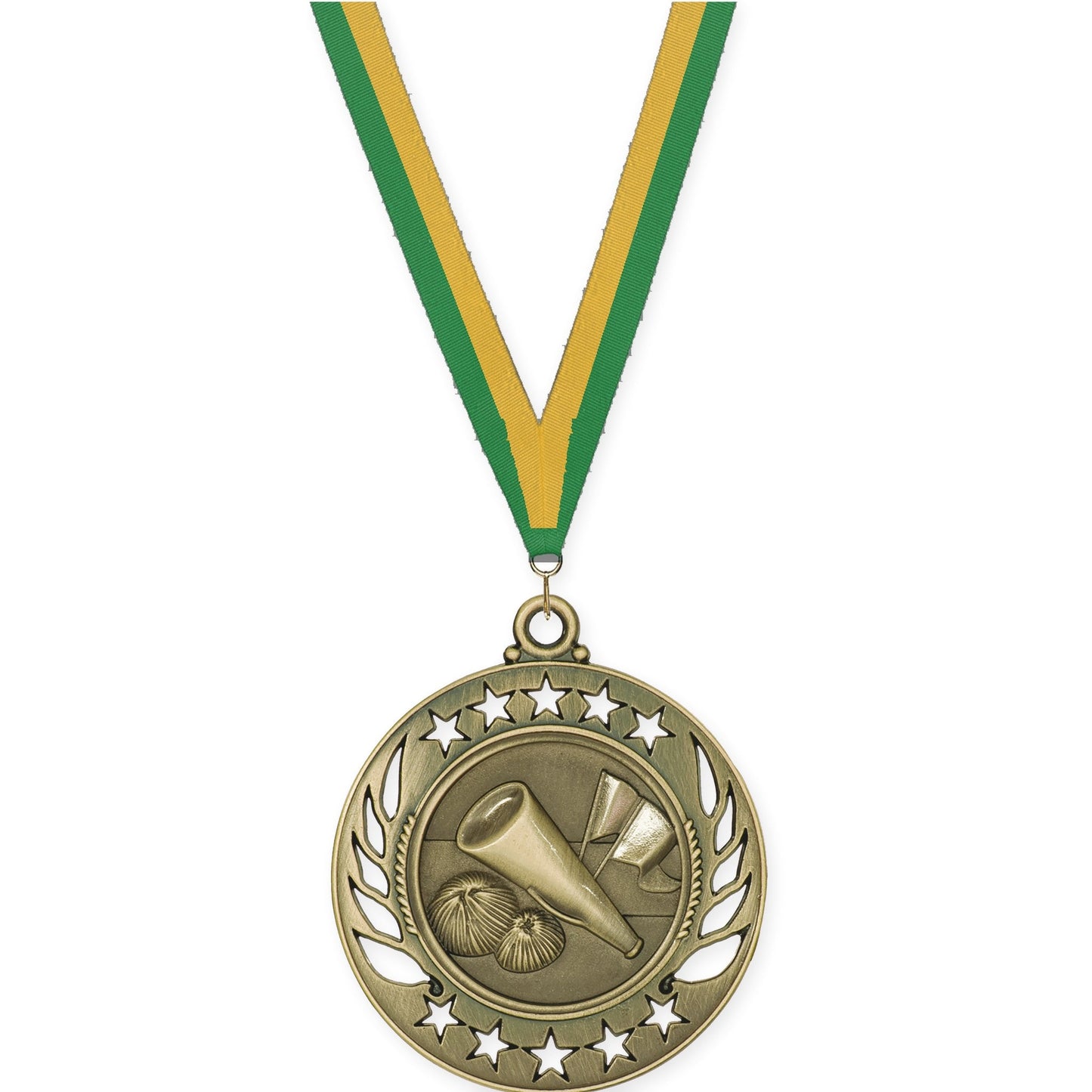 2 1/4 inch cheerleading Galaxy medal in antique gold with Green Gold neck ribbon