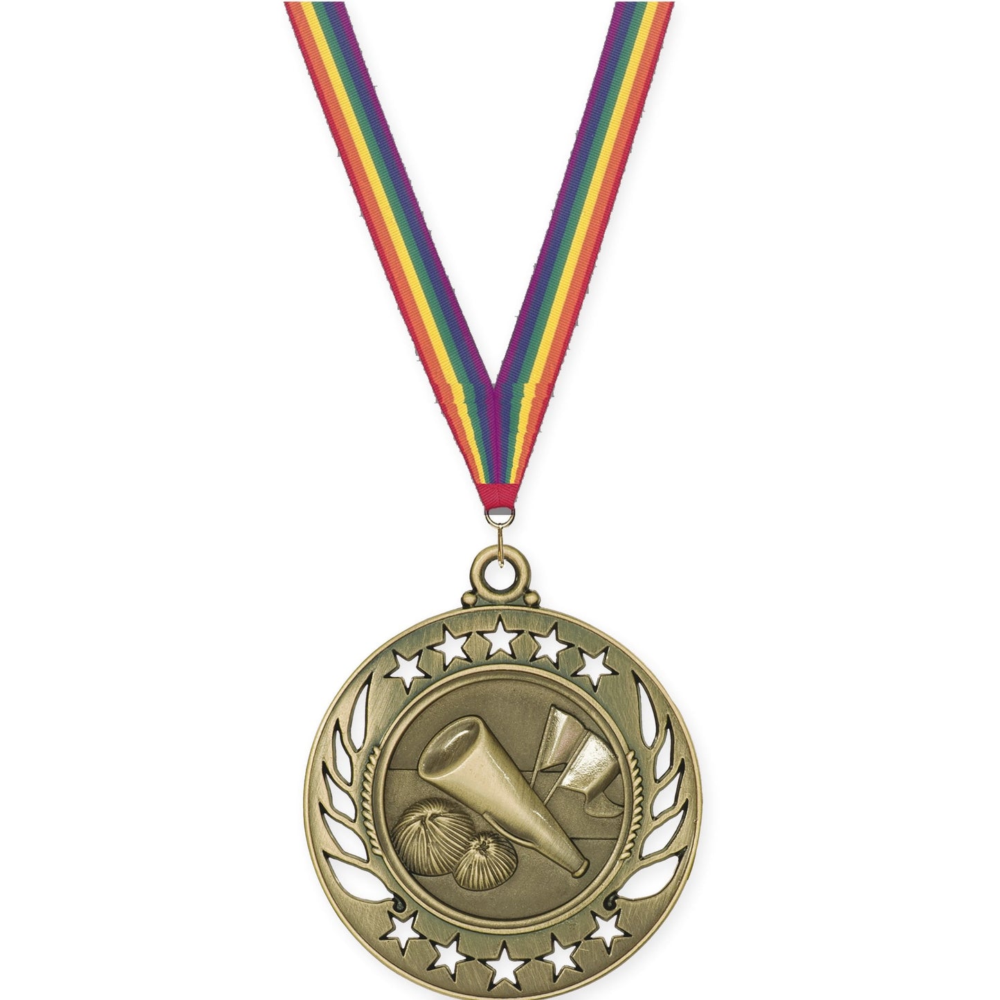 2 1/4 inch cheerleading Galaxy medal in antique gold with Rainbow neck ribbon