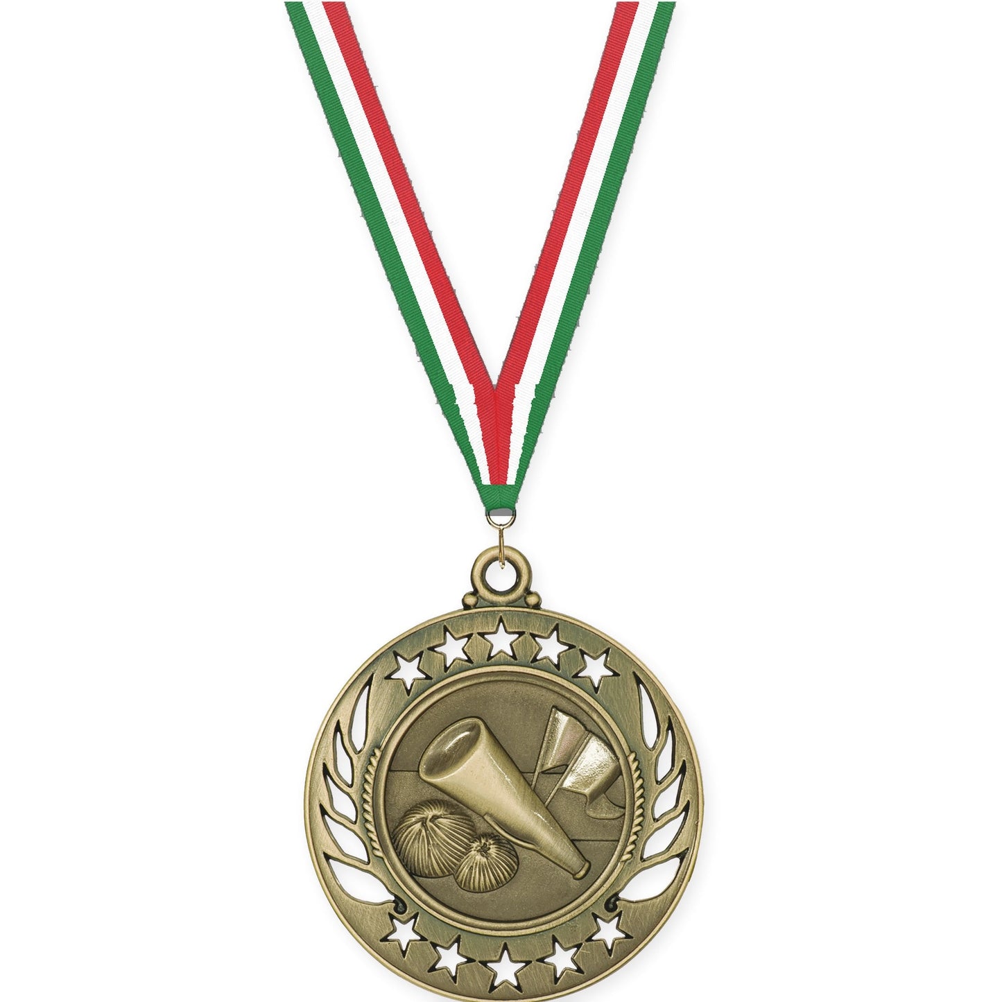 2 1/4 inch cheerleading Galaxy medal in antique gold with Green White Red neck ribbon
