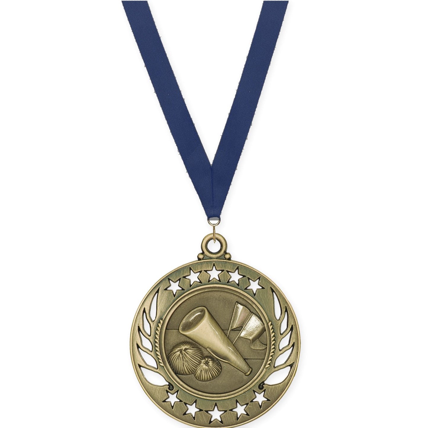 2 1/4 inch cheerleading Galaxy medal in antique gold with Navy neck ribbon