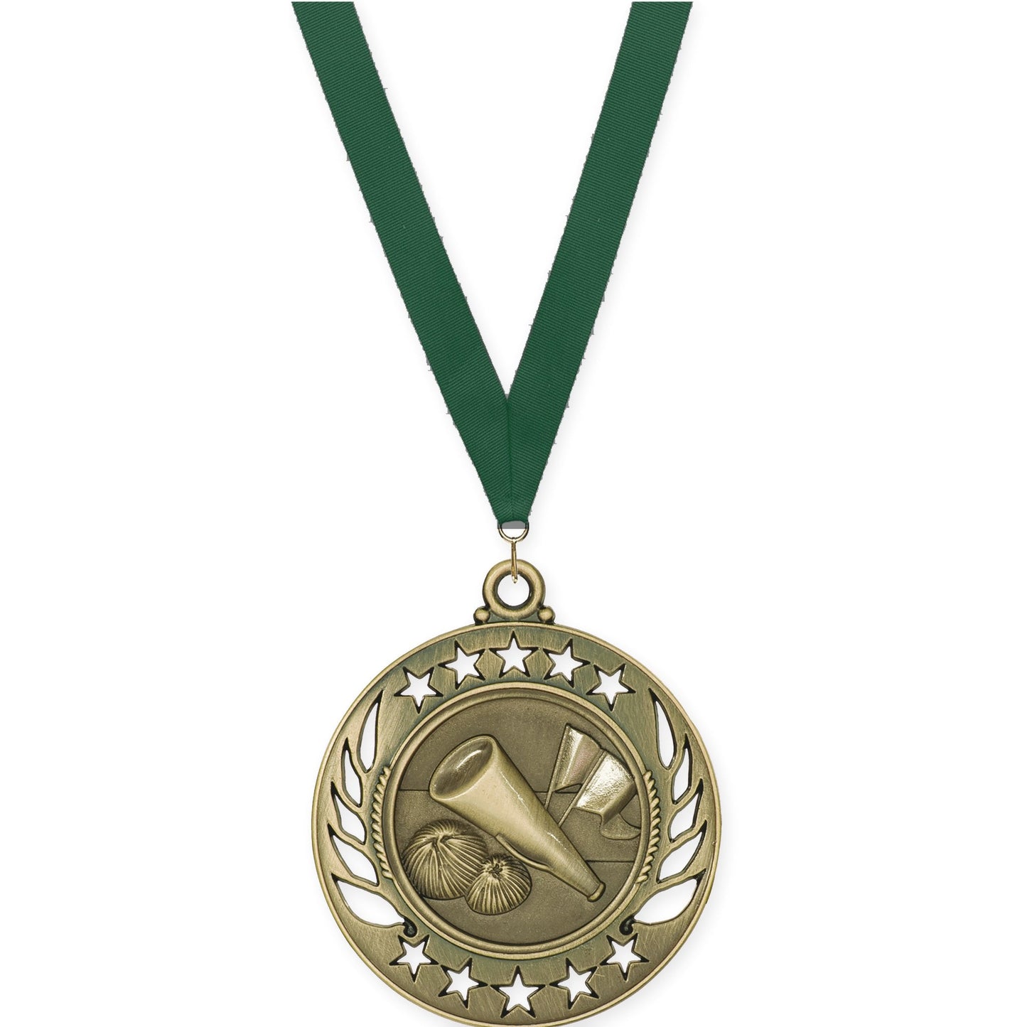 2 1/4 inch cheerleading Galaxy medal in antique gold with Hunter Green neck ribbon
