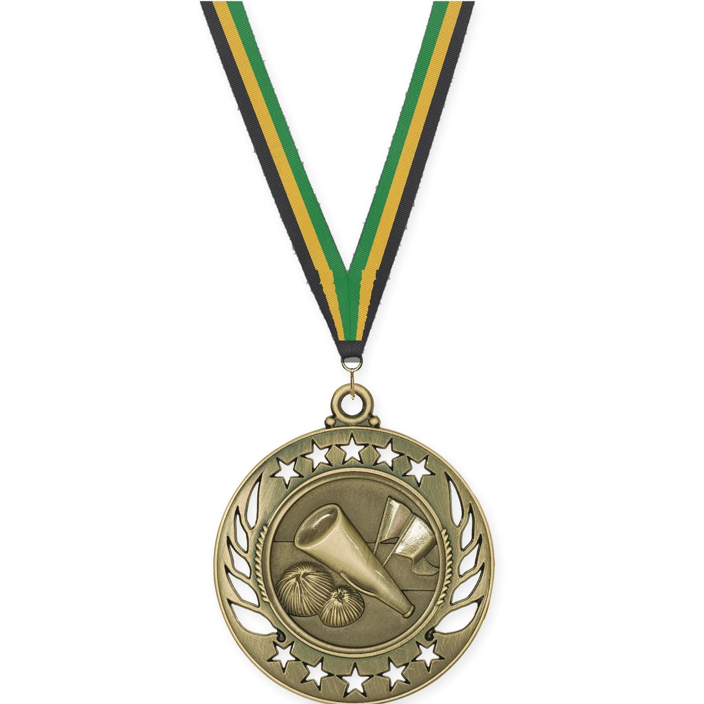2 1/4 inch cheerleading Galaxy medal in antique gold with Black Gold Green neck ribbon