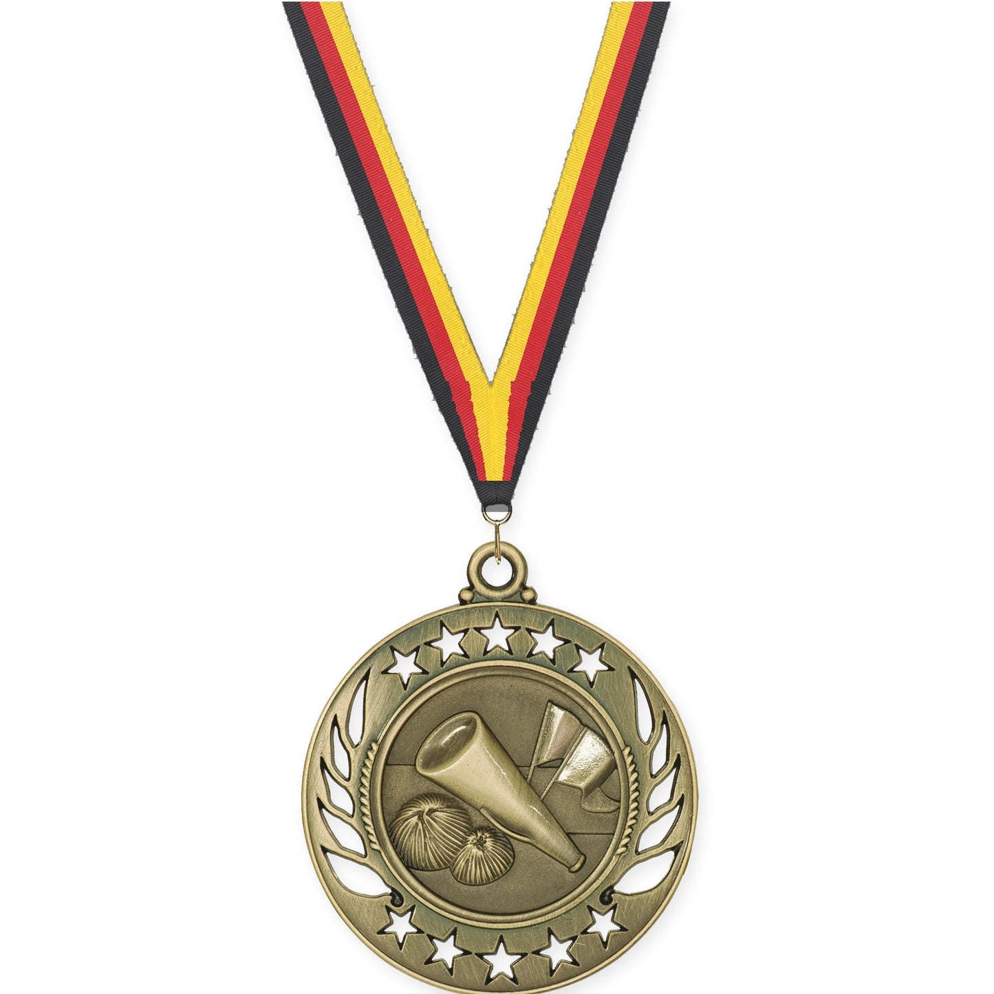 2 1/4 inch cheerleading Galaxy medal in antique gold with Black Red Yellow neck ribbon