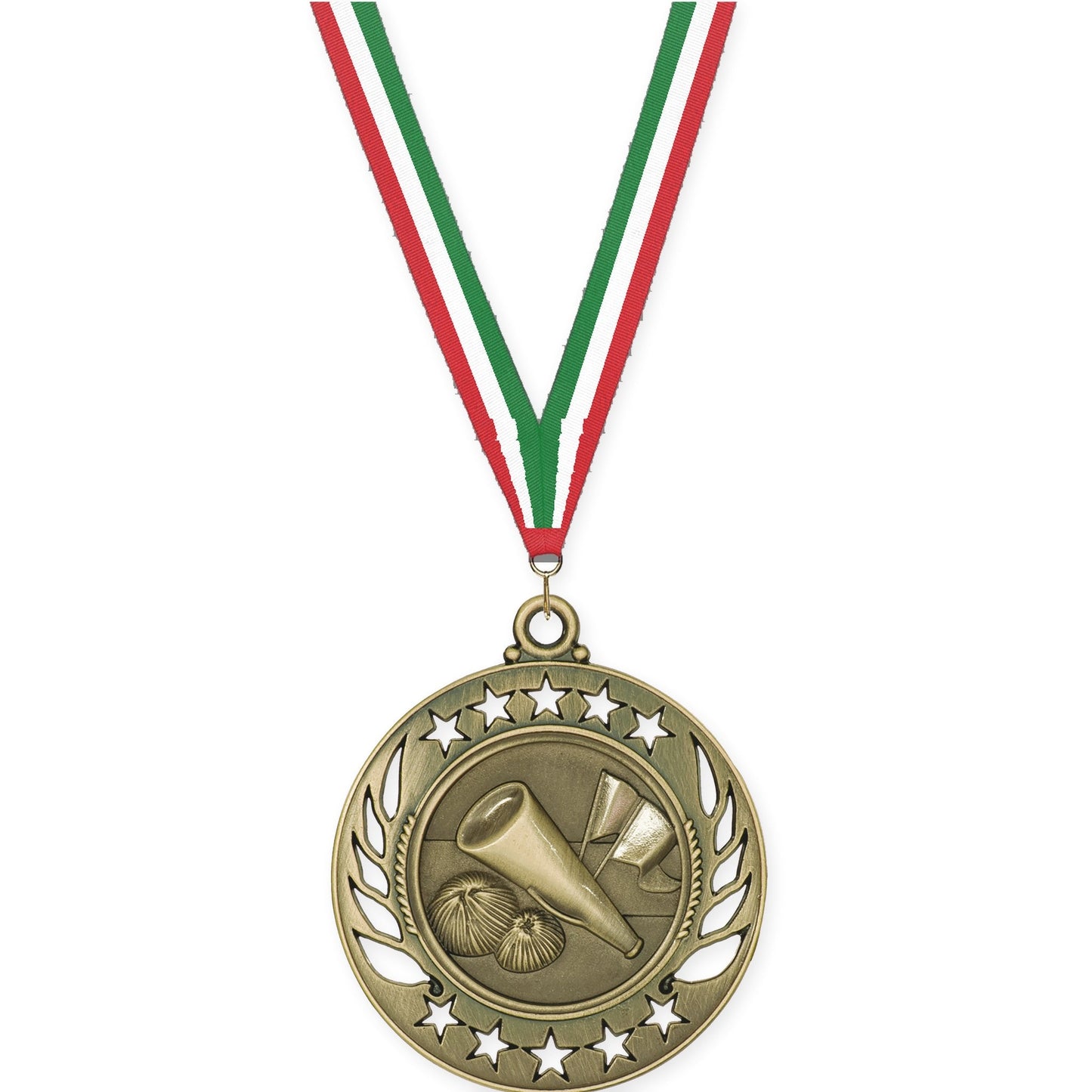 2 1/4 inch cheerleading Galaxy medal in antique gold with Red White Green neck ribbon