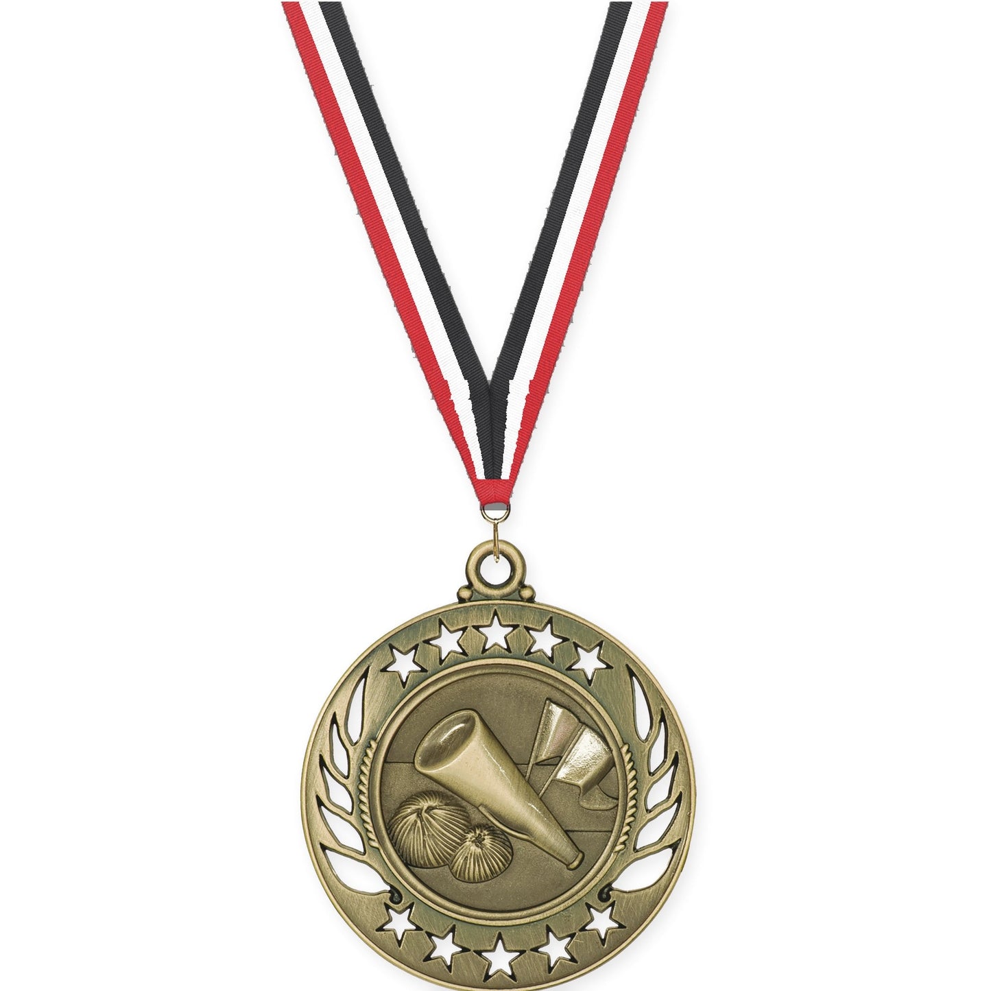2 1/4 inch cheerleading Galaxy medal in antique gold with Red White Black neck ribbon
