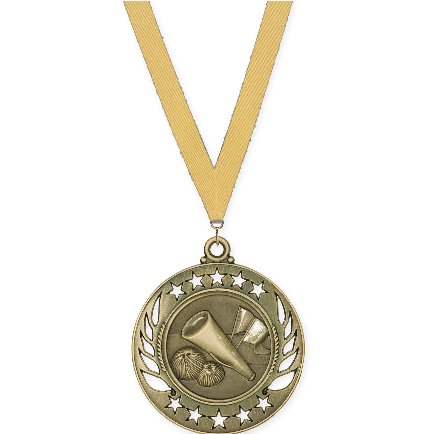 2 1/4 inch cheerleading Galaxy medal in antique gold with Gold Metallic neck ribbon