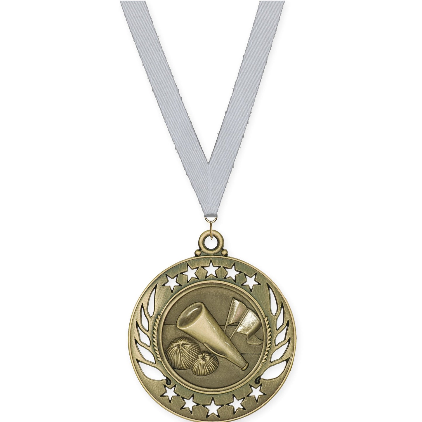 2 1/4 inch cheerleading Galaxy medal in antique gold with Silver Metallic neck ribbon